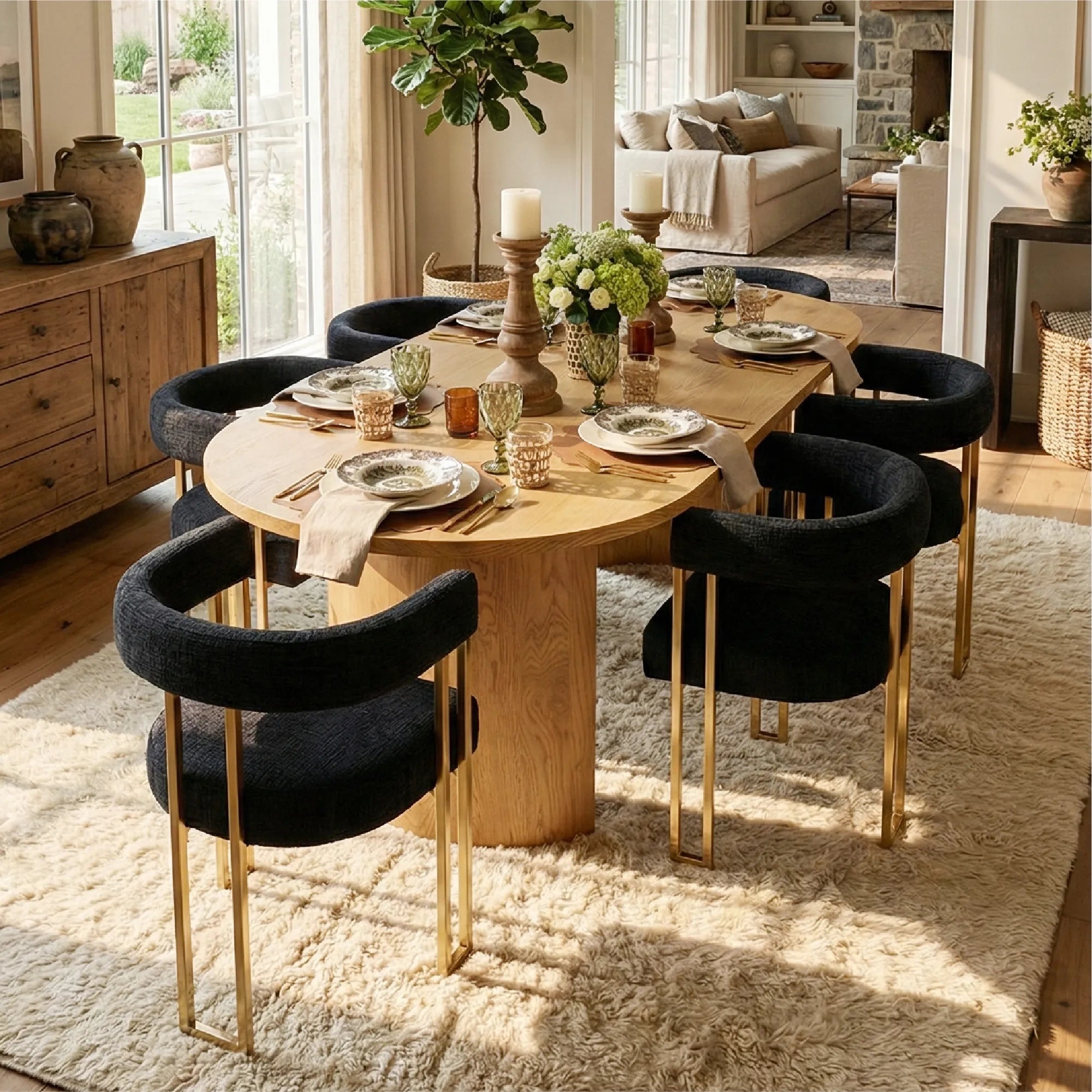 Dwen & Mia 79" Oval Chenille Dining Table Set for 6 (7-Piece)