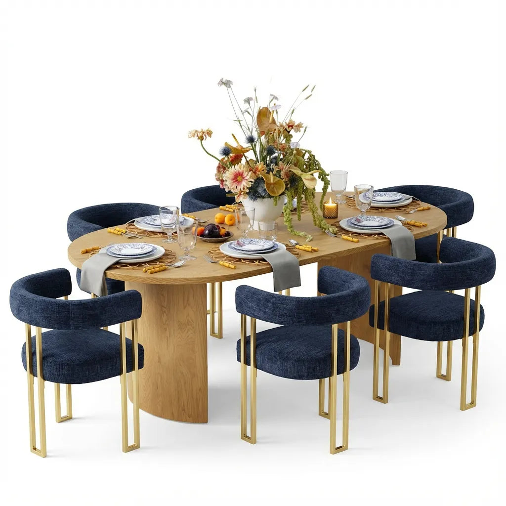 Dwen & Mia 79" Oval Chenille Dining Table Set for 6 (7-Piece)