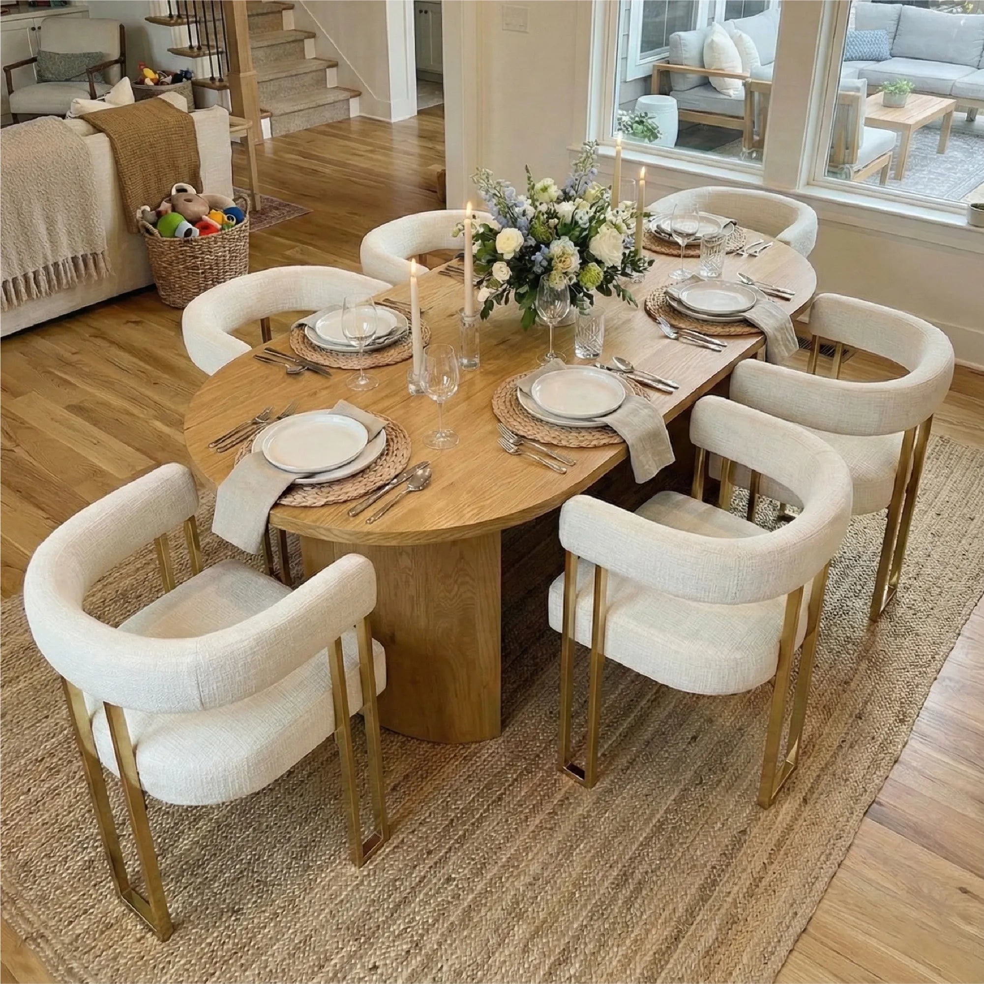 Dwen & Mia 79" Oval Chenille Dining Table Set for 6 (7-Piece)