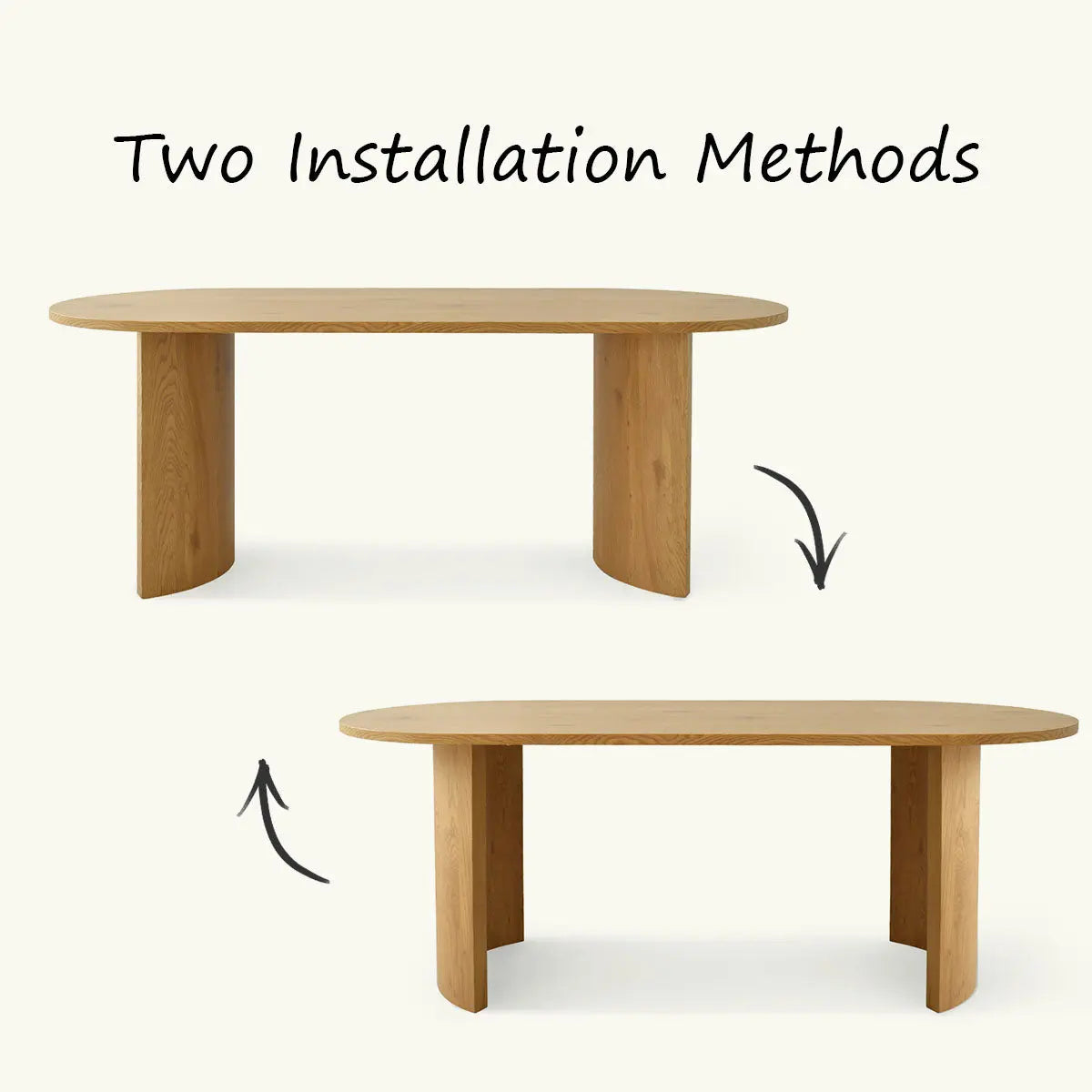 Dwen Modern Large Oval Dining Table, two installation methods, light wood finish, dining room essential.