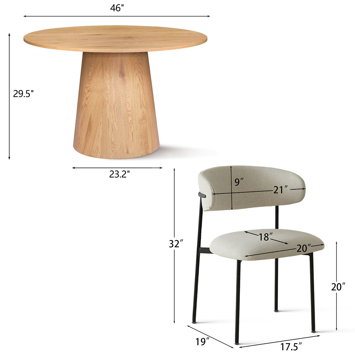 Dwen & Merida 46" Modern Round Dining Table Set for 4 (5-Piece)