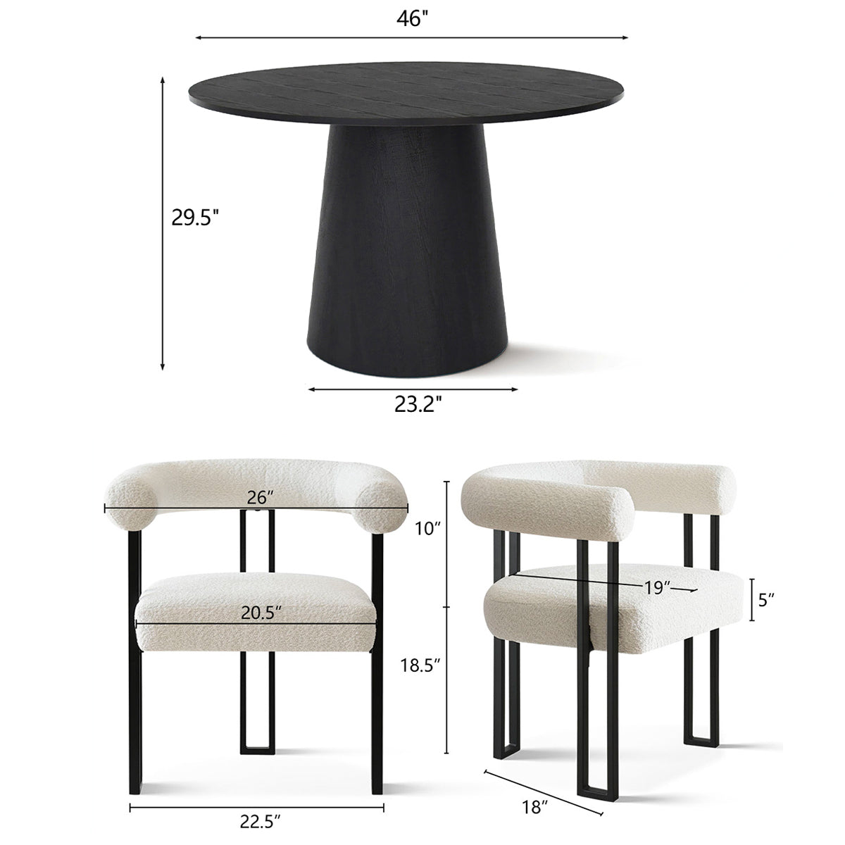 Dwen & Rola 46" Round Black & Boucle Dining Table Set for 4 (5-Piece)