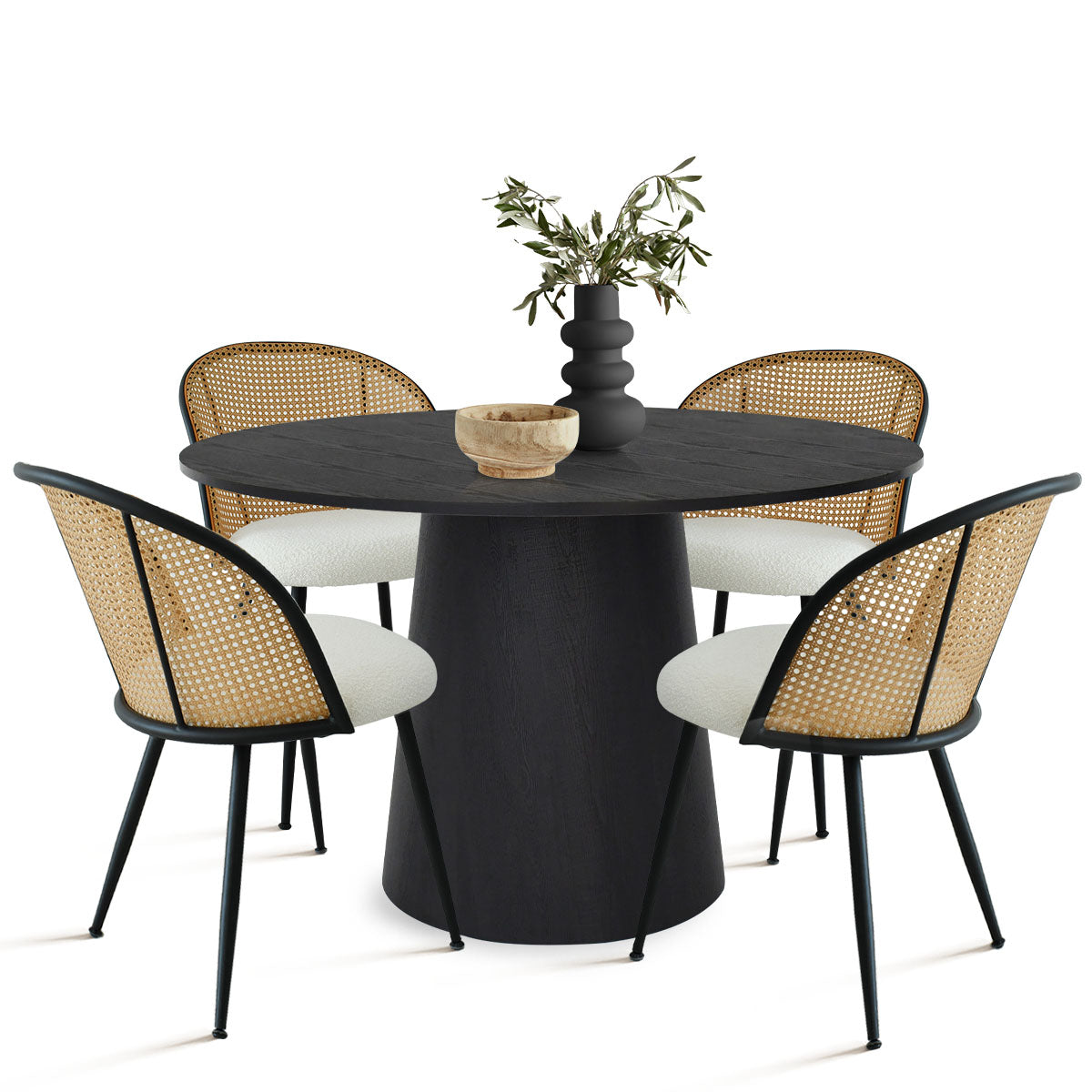 Dwen & Jules 46" Modern Round Rattan Dining Table Set for 4 (5-Piece)