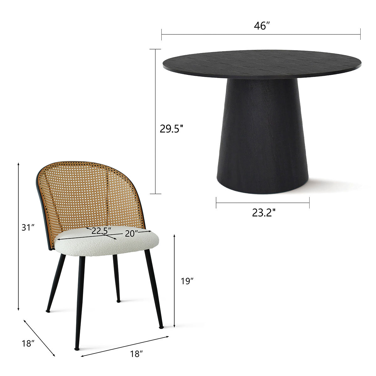 Dwen & Jules 46" Modern Round Rattan Dining Table Set for 4 (5-Piece)