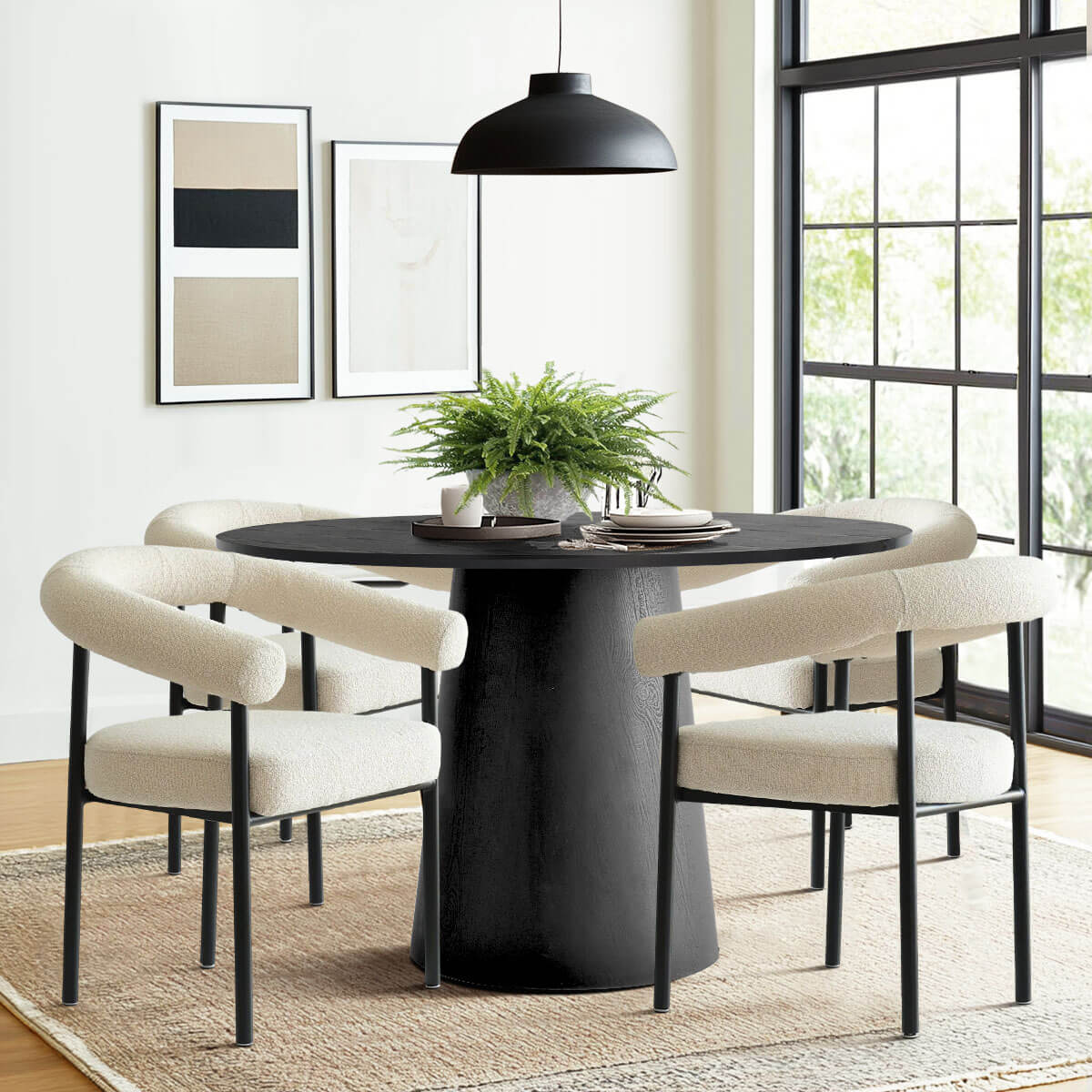Dwen & New York 46" Round & Boucle Dining Table Set for 4 (5-Piece)
