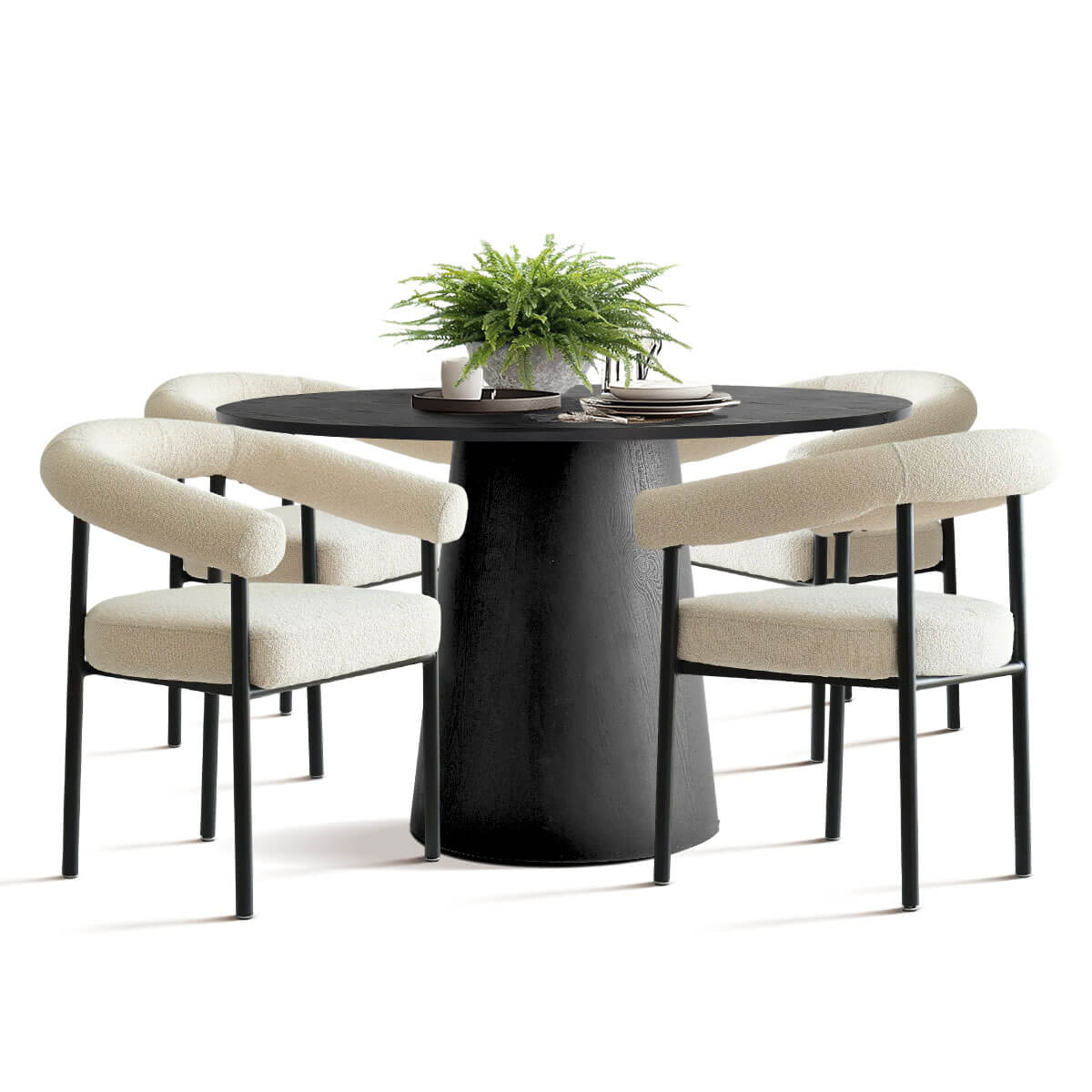 Dwen & New York 46" Round & Boucle Dining Table Set for 4 (5-Piece)