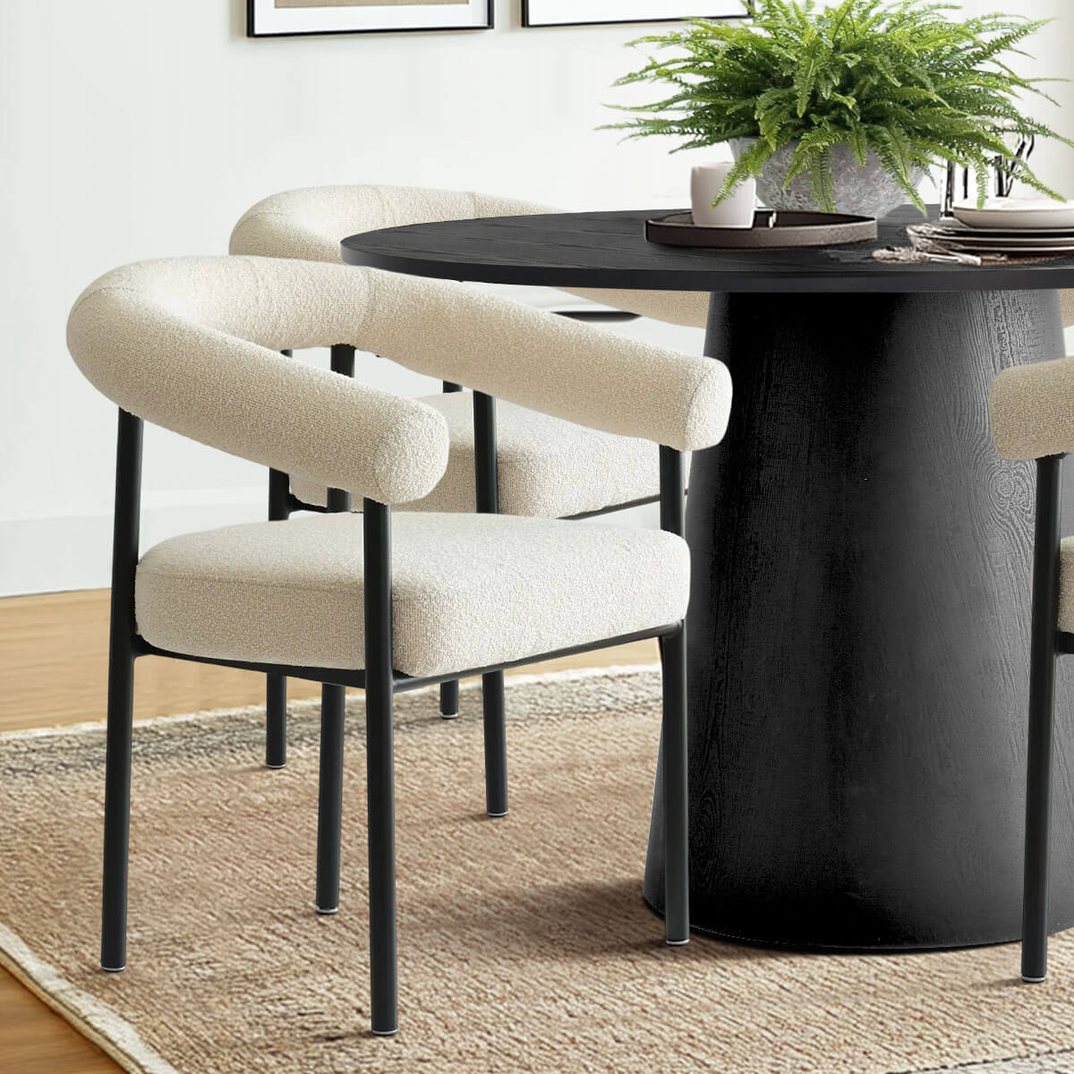 Dwen & New York 46" Round & Boucle Dining Table Set for 4 (5-Piece)