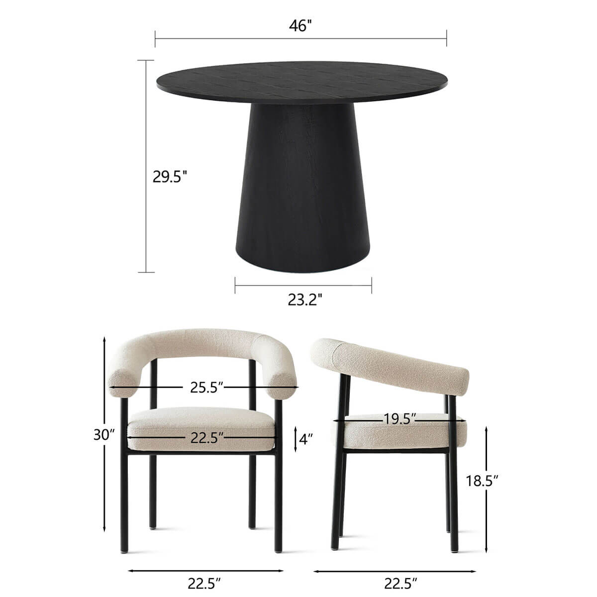 Dwen & New York 46" Round & Boucle Dining Table Set for 4 (5-Piece)