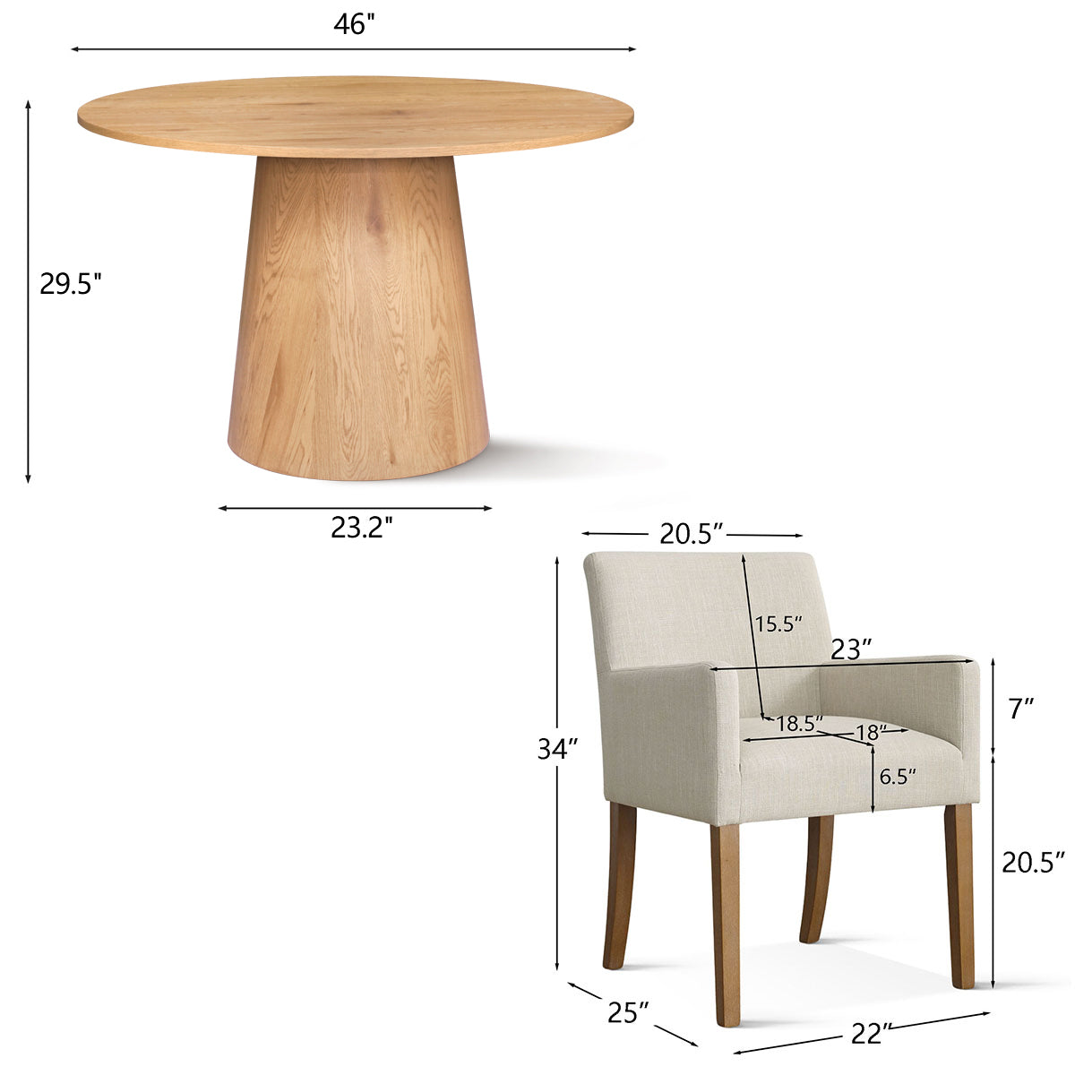 Dwen & North 46" Round Dining Table Set for 4 with Arms (5-Piece)