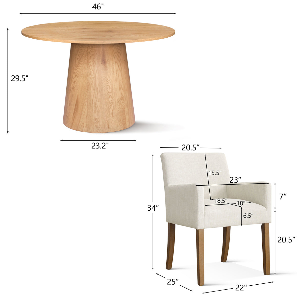 Dwen & North 46" Round Dining Table Set for 4 with Arms (5-Piece)