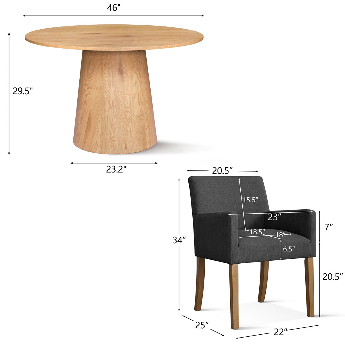 Dwen & North 46" Round Dining Table Set for 4 with Arms (5-Piece)