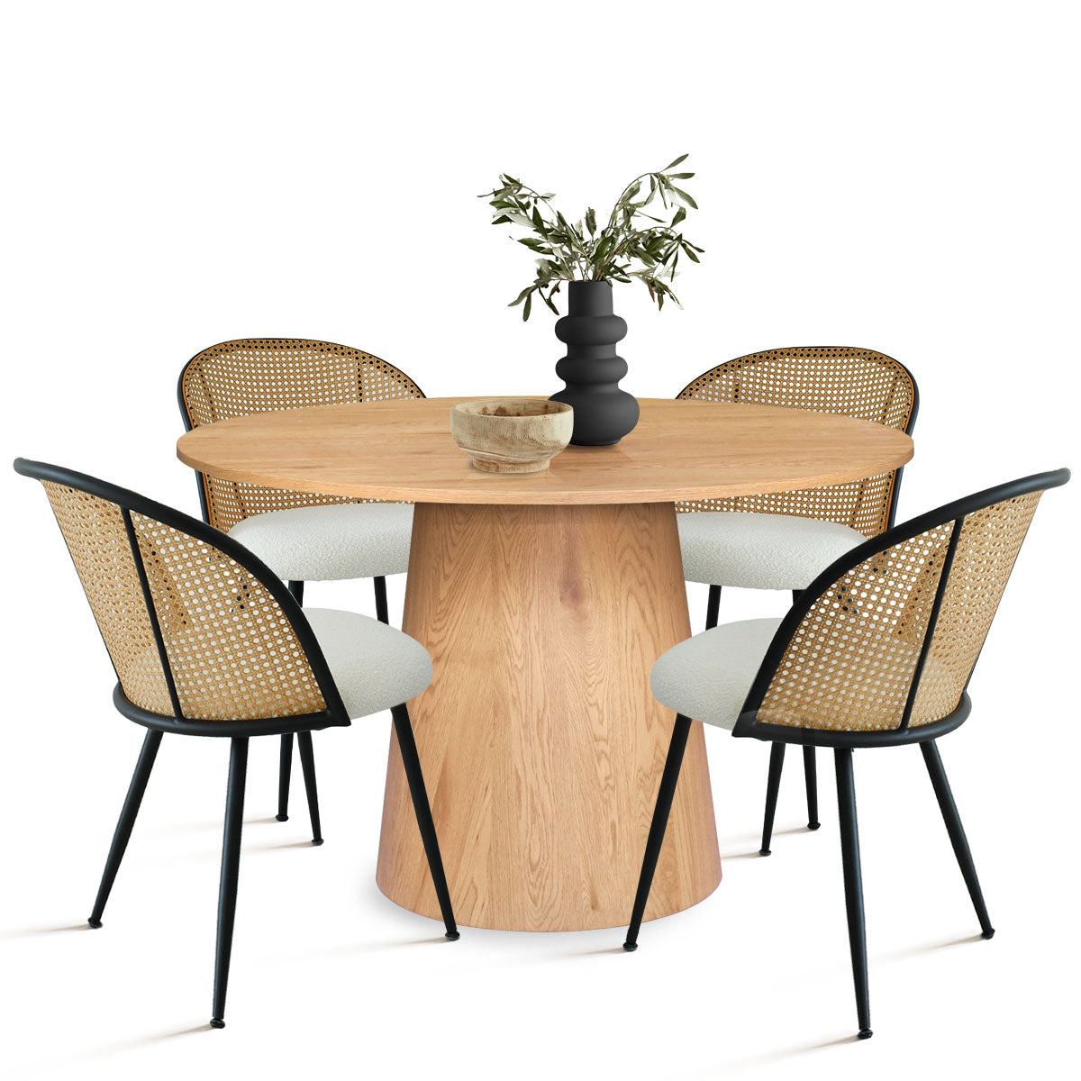 Dwen & Jules 46" Modern Round Rattan Dining Table Set for 4 (5-Piece)
