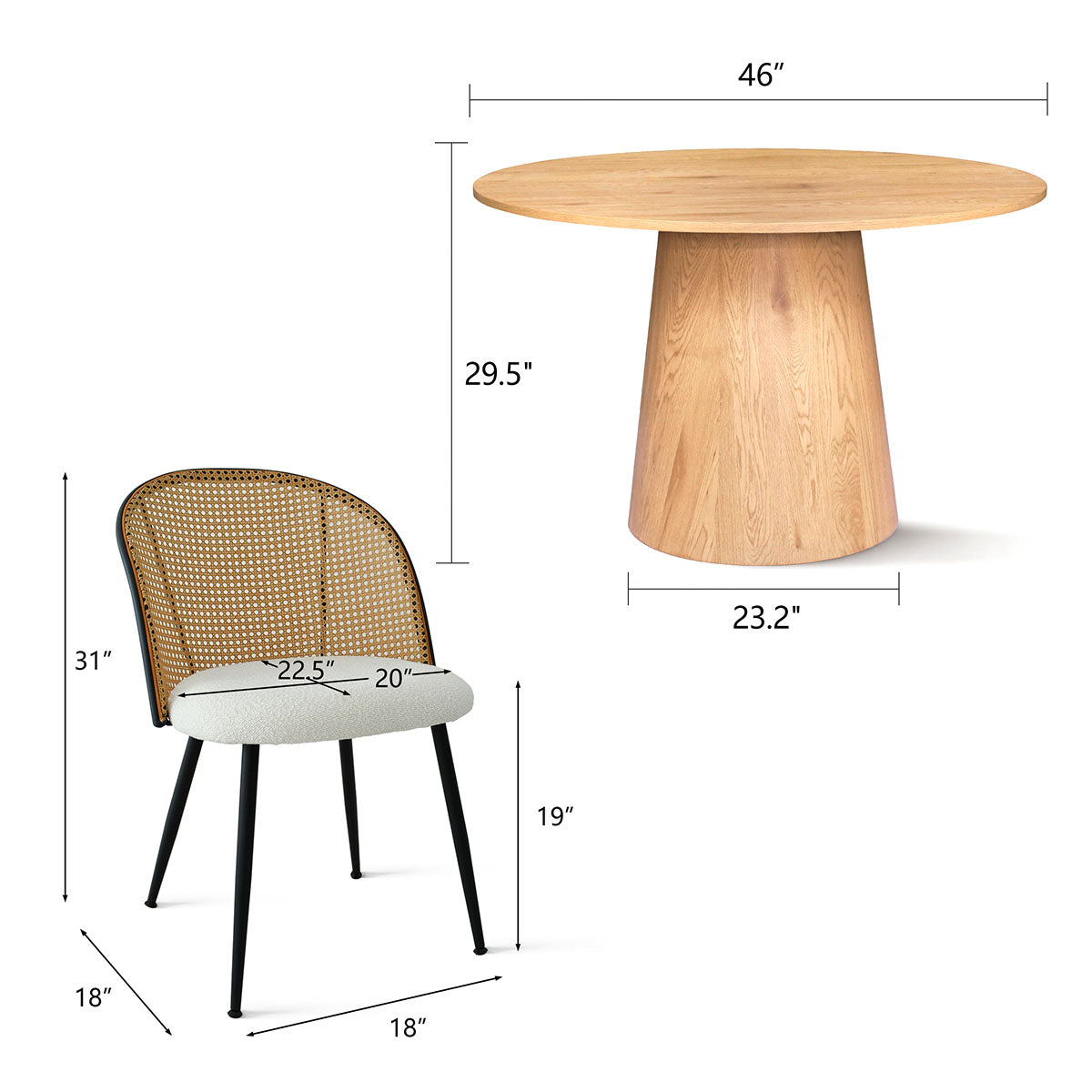 Dwen & Jules 46" Modern Round Rattan Dining Table Set for 4 (5-Piece)