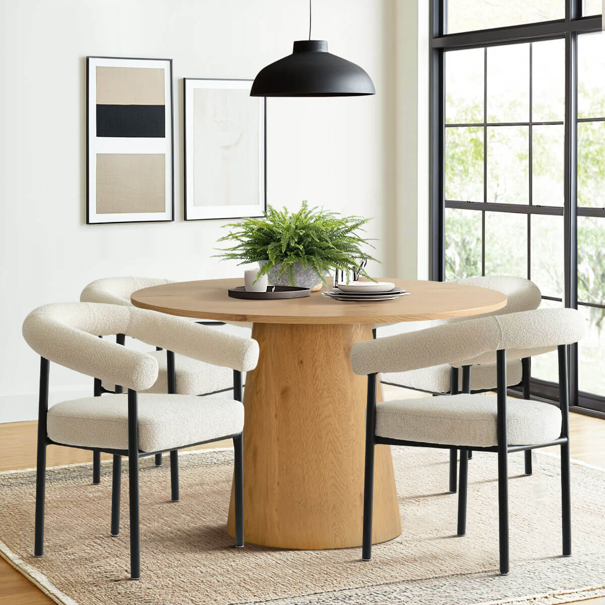 Dwen & New York 46" Round & Boucle Dining Table Set for 4 (5-Piece)