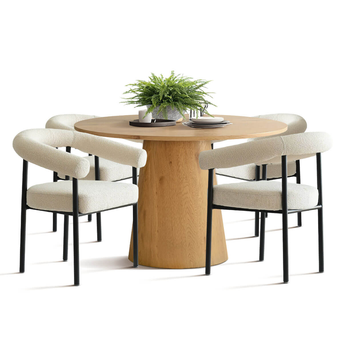 Dwen & New York 46" Round & Boucle Dining Table Set for 4 (5-Piece)