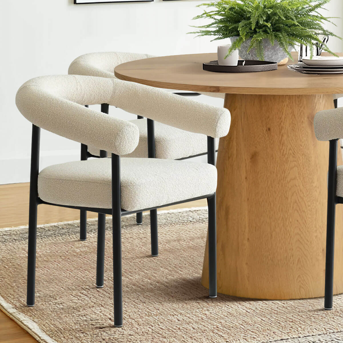 Dwen & New York 46" Round & Boucle Dining Table Set for 4 (5-Piece)