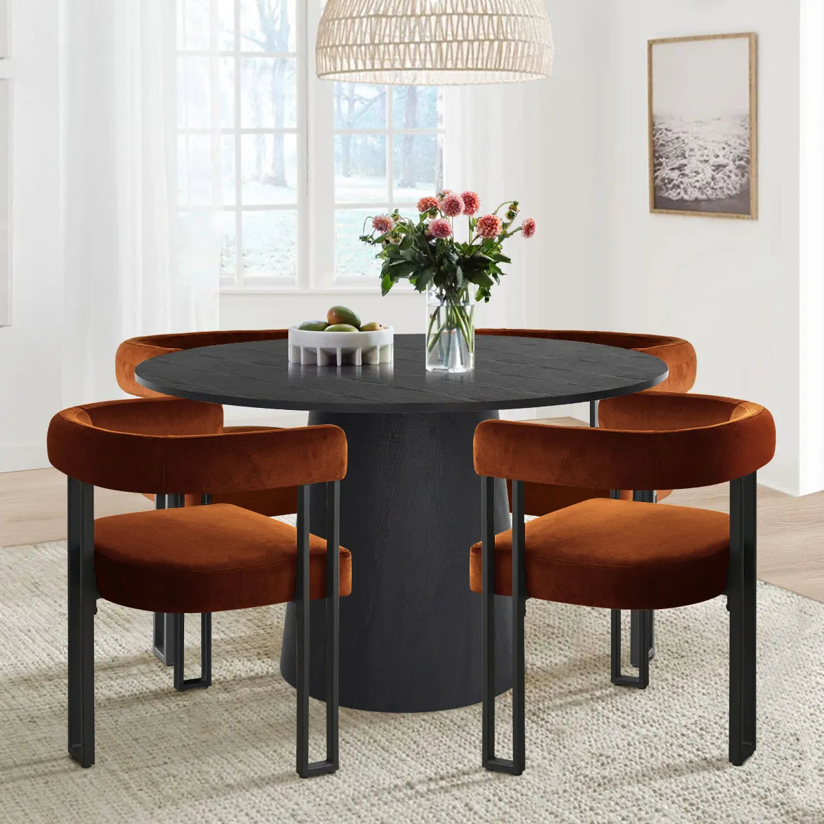 Dwen & Mia 46" Round Black & Velvet Dining Table Set for 4 (5-Piece)