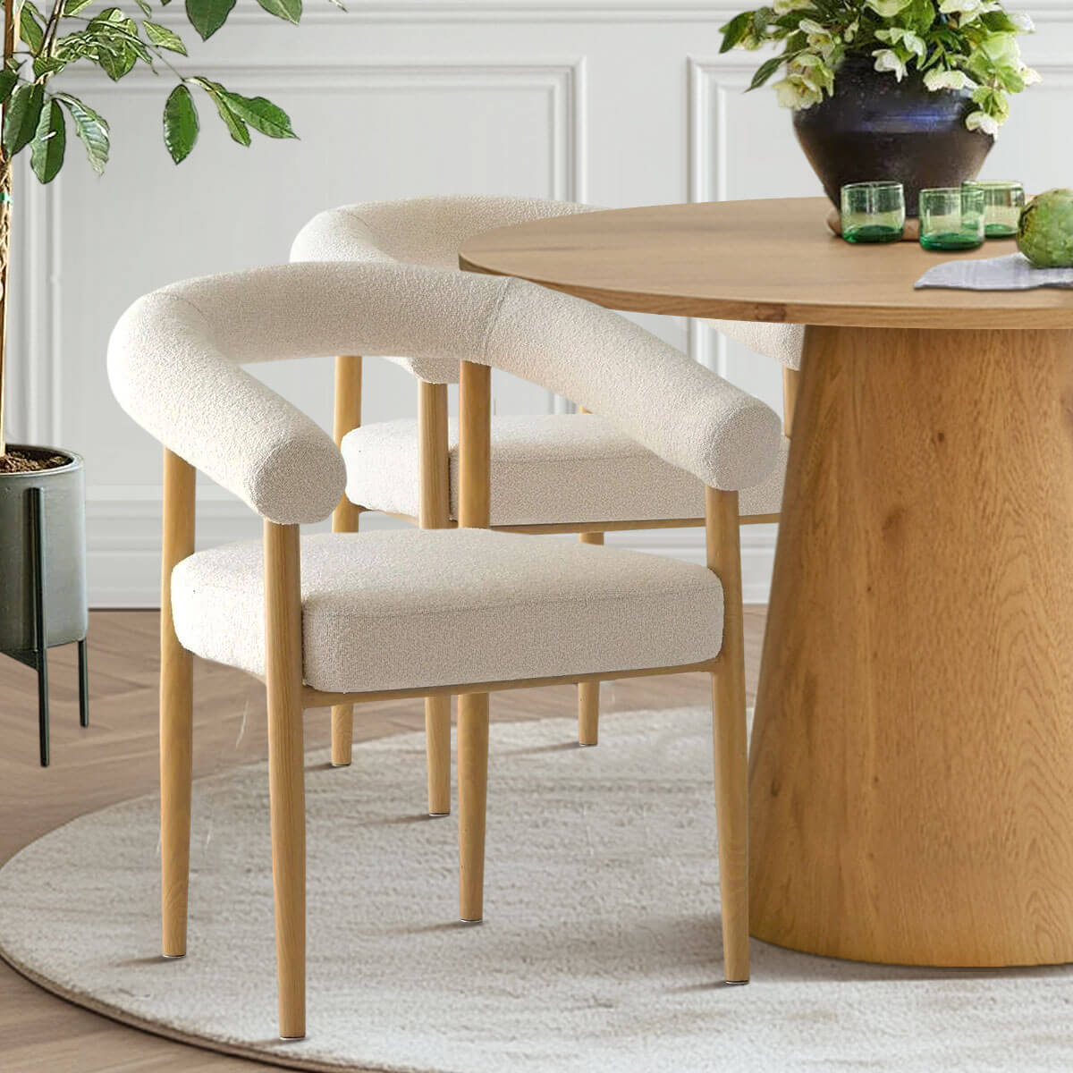 Dwen & Melbourne 46" Round & Boucle Dining Table Set for 4 (5-Piece)