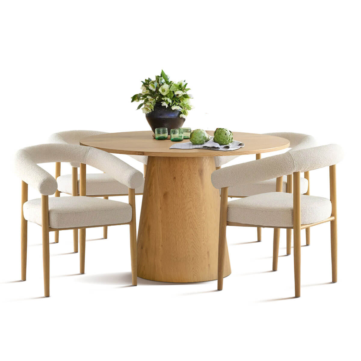 Dwen & Melbourne 46" Round & Boucle Dining Table Set for 4 (5-Piece)
