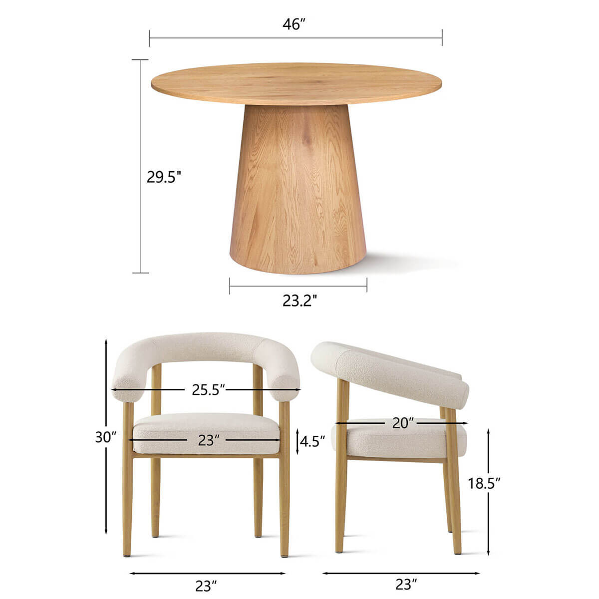 Dwen & Melbourne 46" Round & Boucle Dining Table Set for 4 (5-Piece)