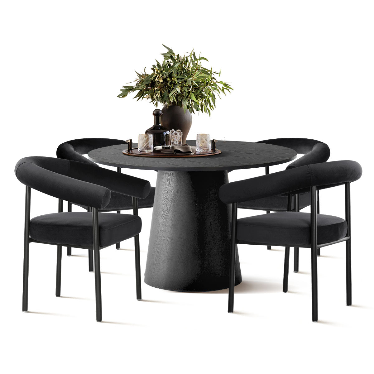 Dwen & New York 46" Round Black & Velvet Dining Table Set for 4 (5-Piece)