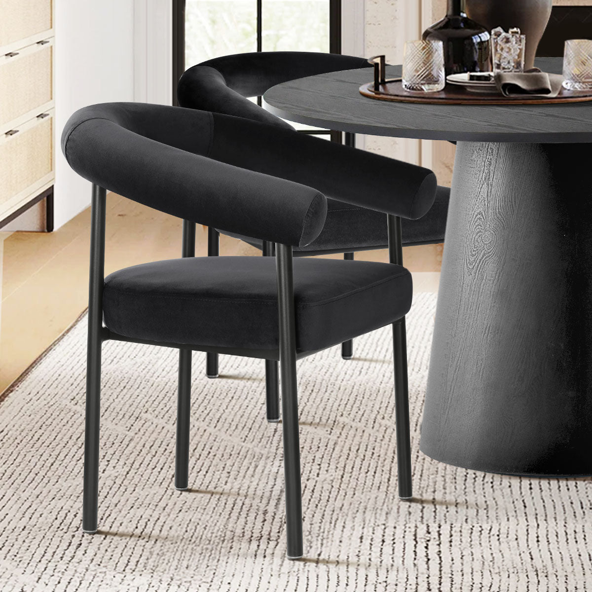 Dwen & New York 46" Round Black & Velvet Dining Table Set for 4 (5-Piece)
