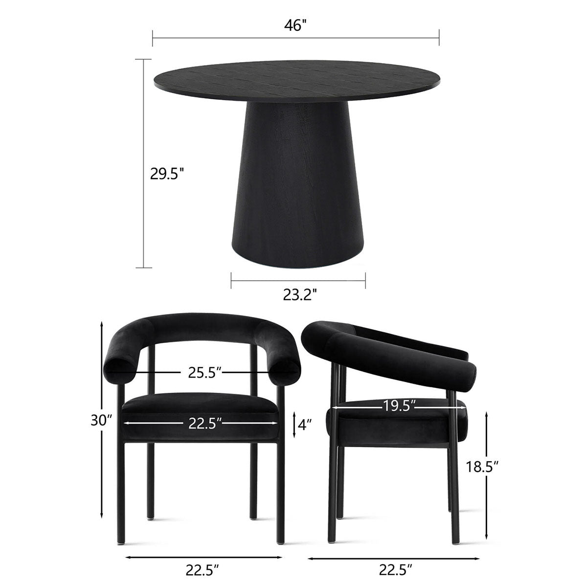 Dwen & New York 46" Round Black & Velvet Dining Table Set for 4 (5-Piece)
