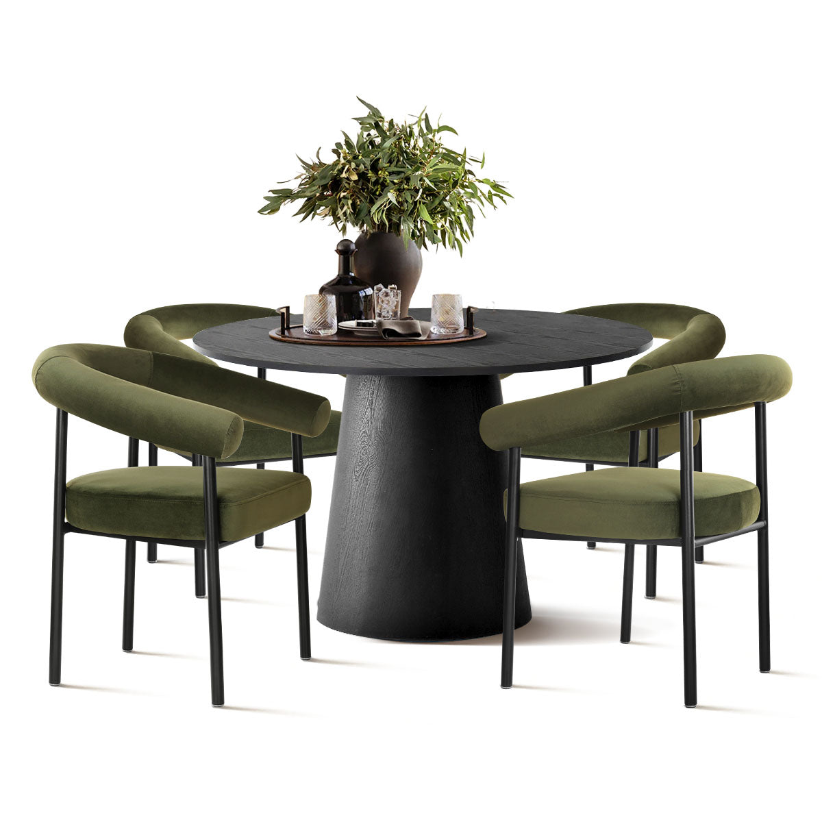 Dwen & New York 46" Round Black & Velvet Dining Table Set for 4 (5-Piece)