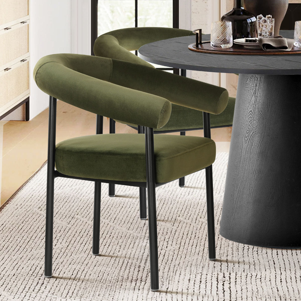 Dwen & New York 46" Round Black & Velvet Dining Table Set for 4 (5-Piece)