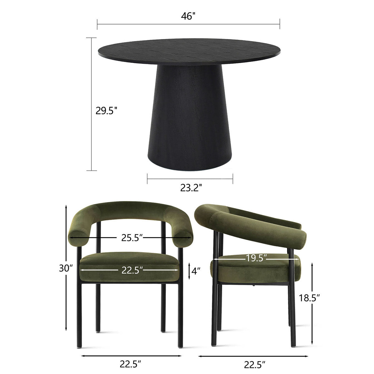 Dwen & New York 46" Round Black & Velvet Dining Table Set for 4 (5-Piece)