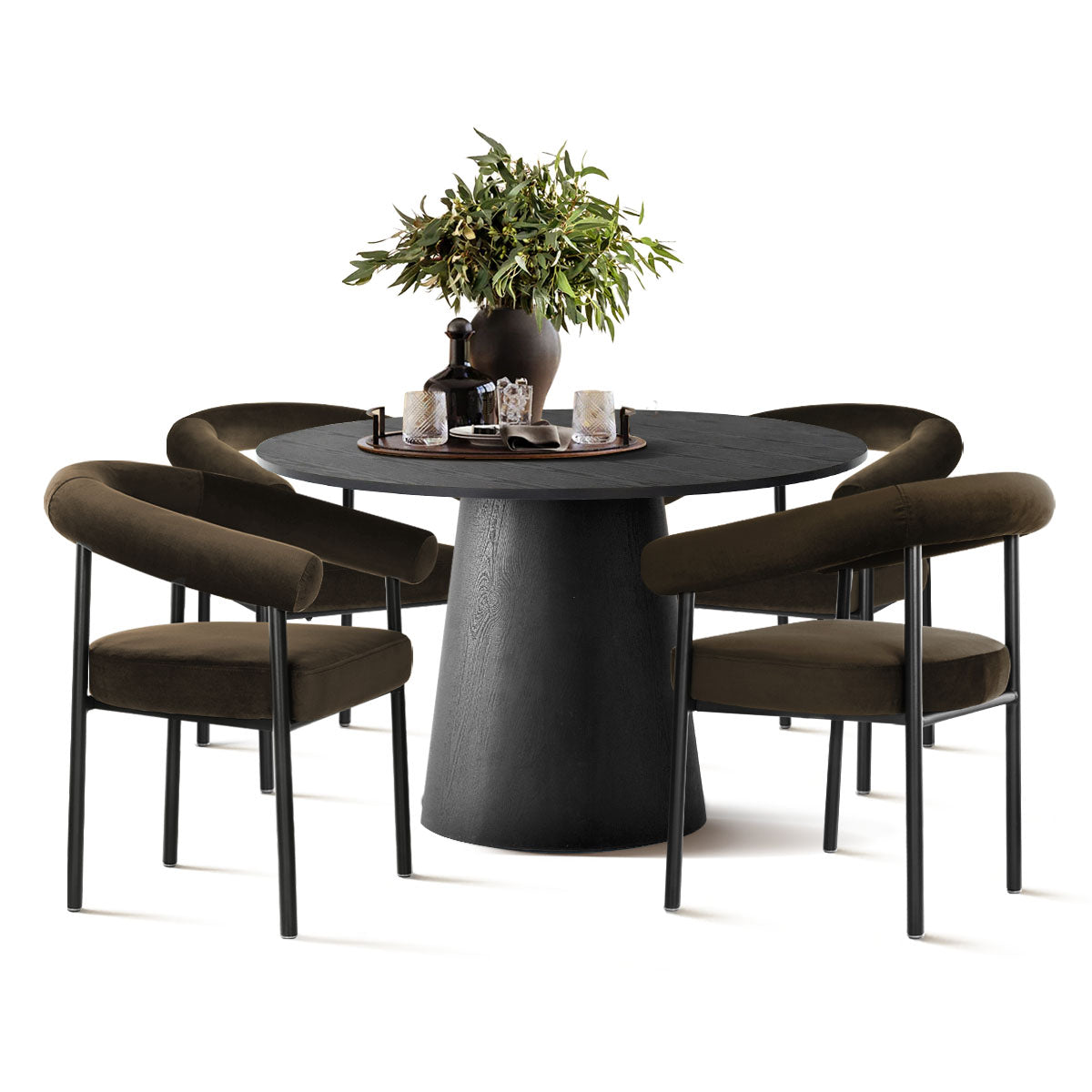 Dwen & New York 46" Round Black & Velvet Dining Table Set for 4 (5-Piece)