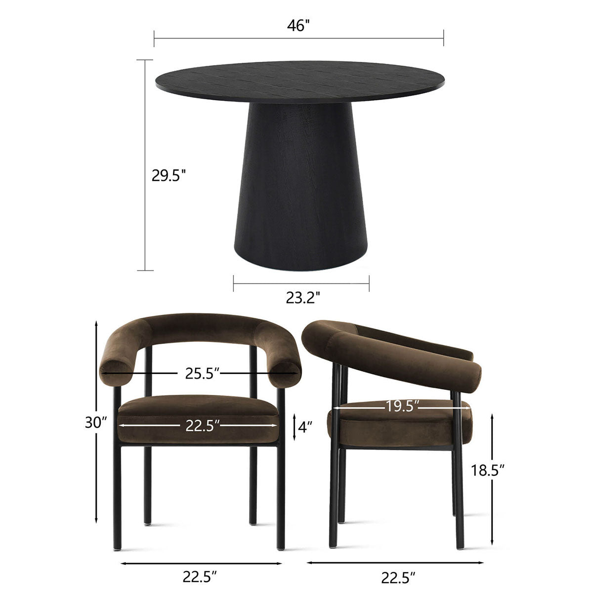Dwen & New York 46" Round Black & Velvet Dining Table Set for 4 (5-Piece)