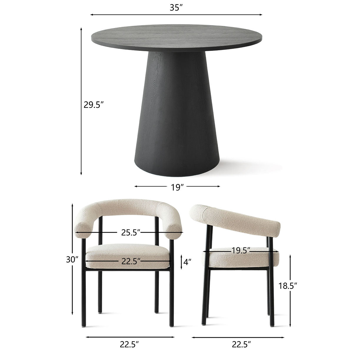 Dwen & New York 35" Round & Boucle Dining Table Set for 2 (3-Piece)