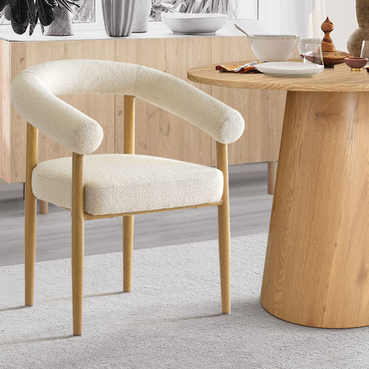 Dwen & Melbourne 35" Round & Boucle Dining Table Set for 2 (3-Piece)