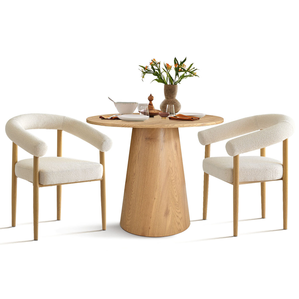Dwen & Melbourne 35" Round & Boucle Dining Table Set for 2 (3-Piece)