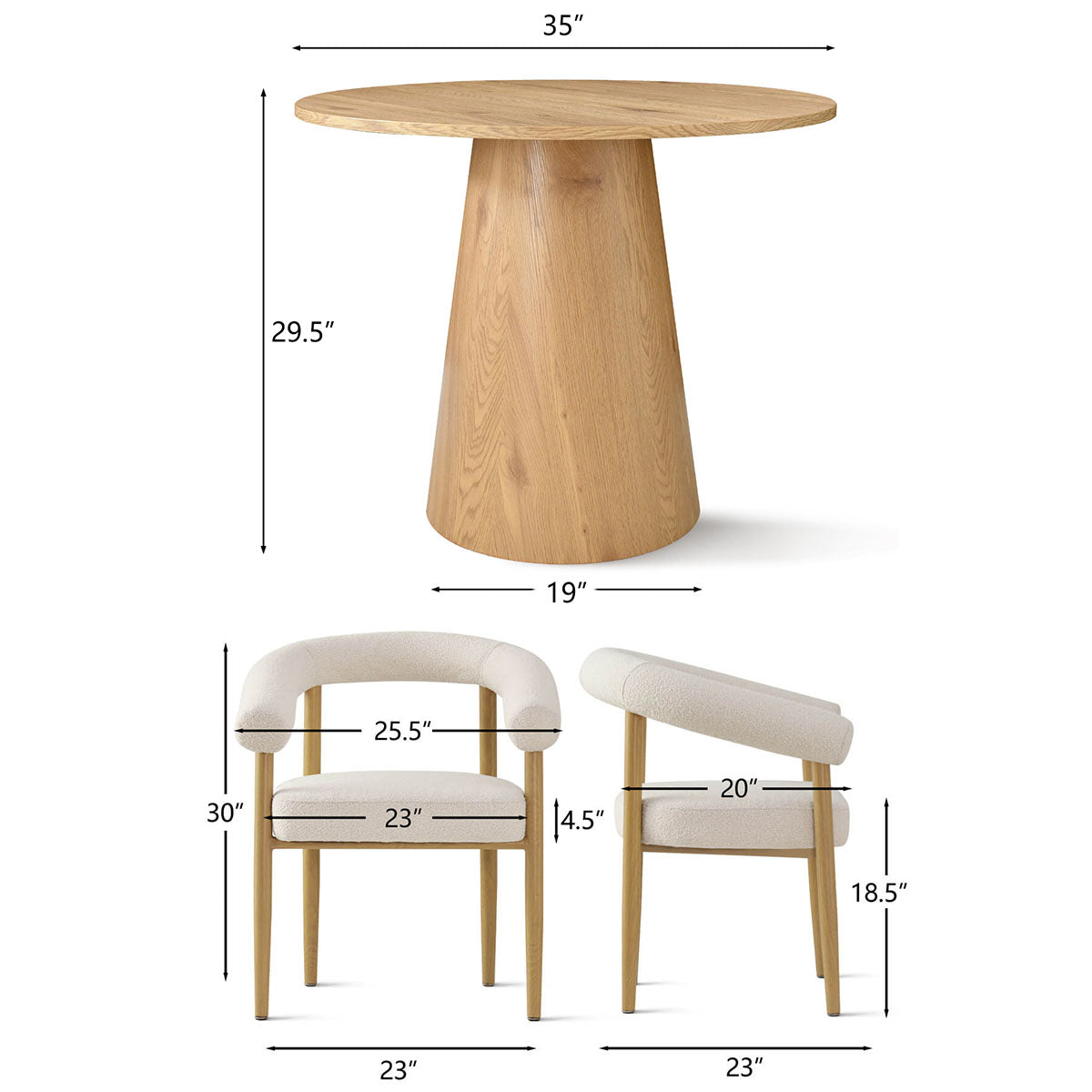Dwen & Melbourne 35" Round & Boucle Dining Table Set for 2 (3-Piece)