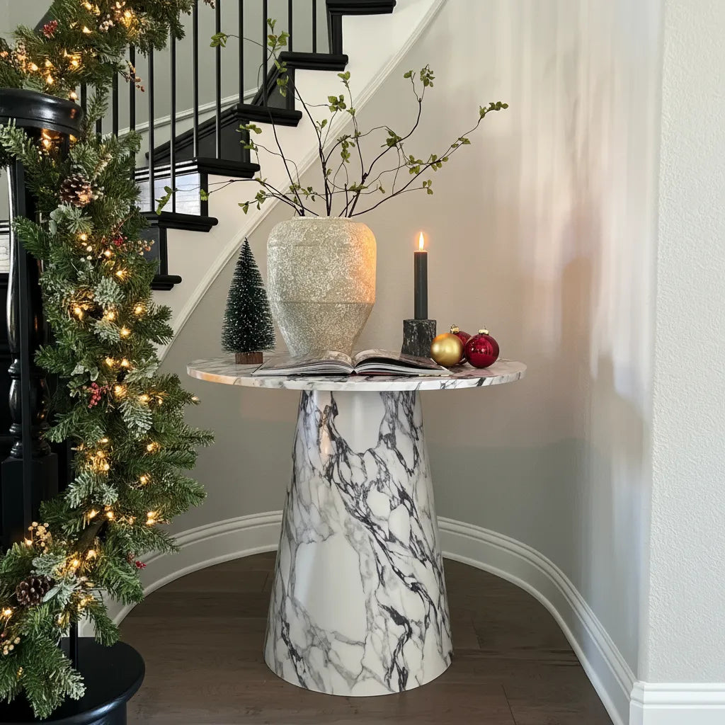 Dwen 35" Modern Faux Marble Round Pedestal Console Table