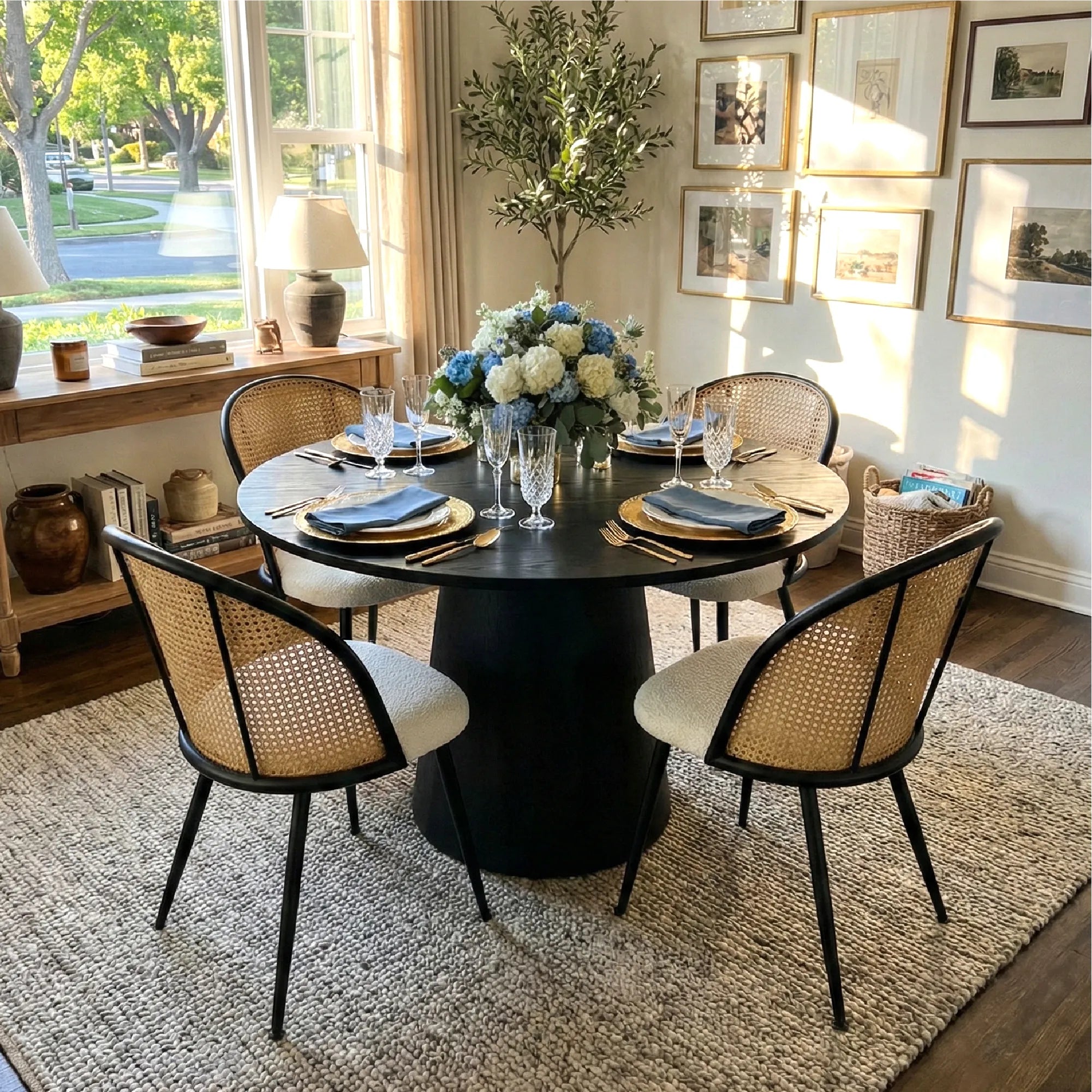 Dwen & Jules 46" Modern Round Rattan Dining Table Set for 4 (5-Piece)