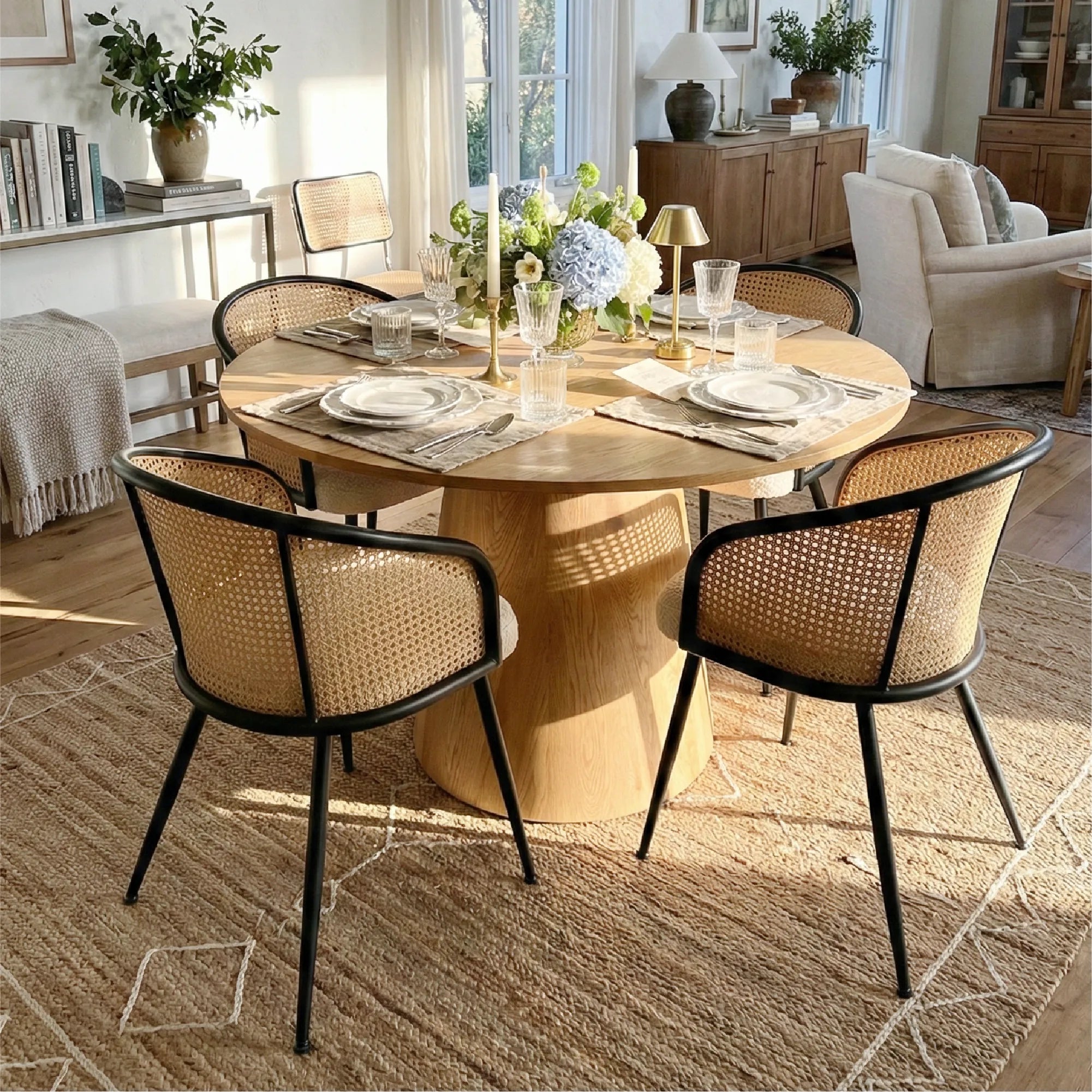 Dwen & Jules 46" Round Rattan Dining Table Set for 4 (5-Piece)