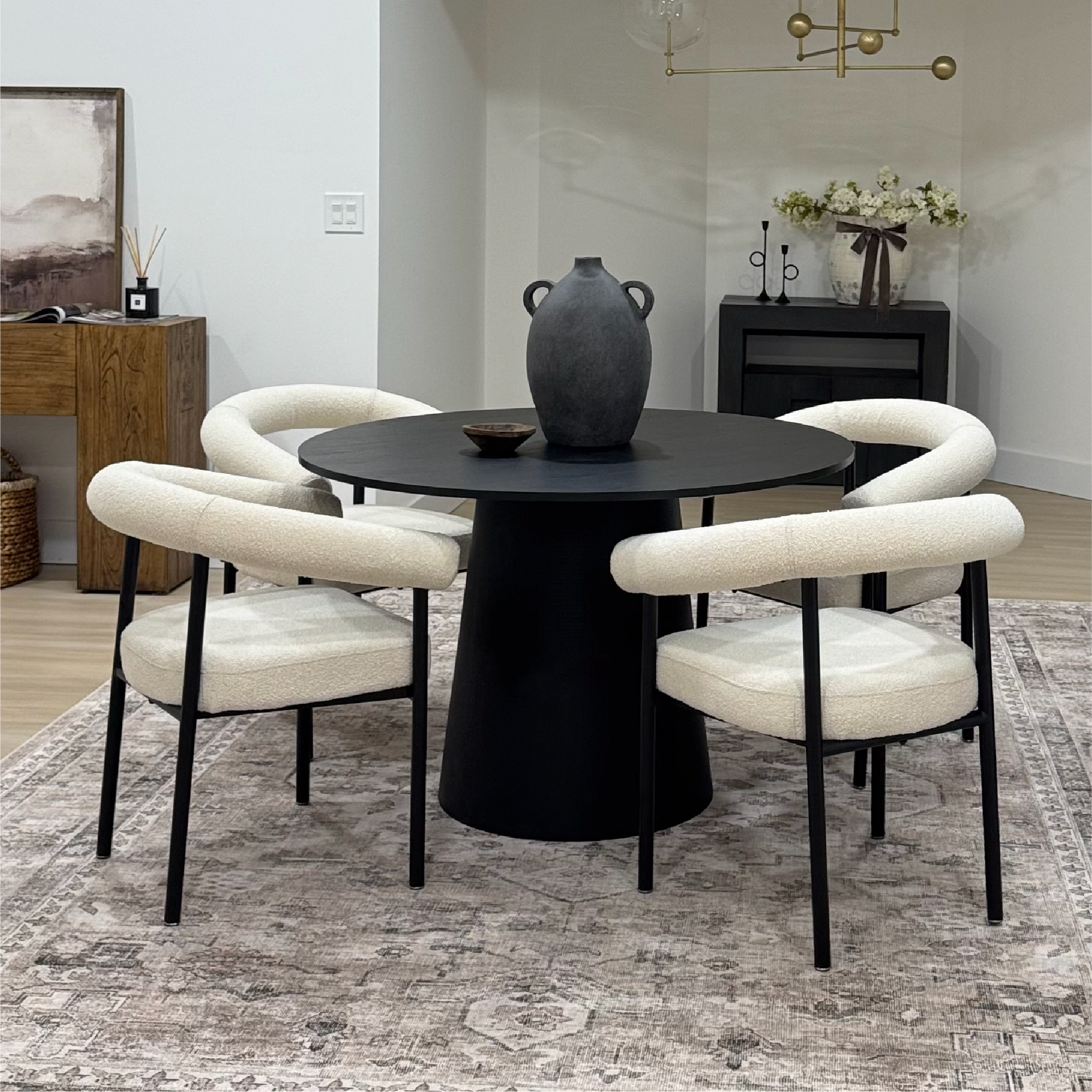Dwen & New York 46" Round & Boucle Dining Table Set for 4 (5-Piece)