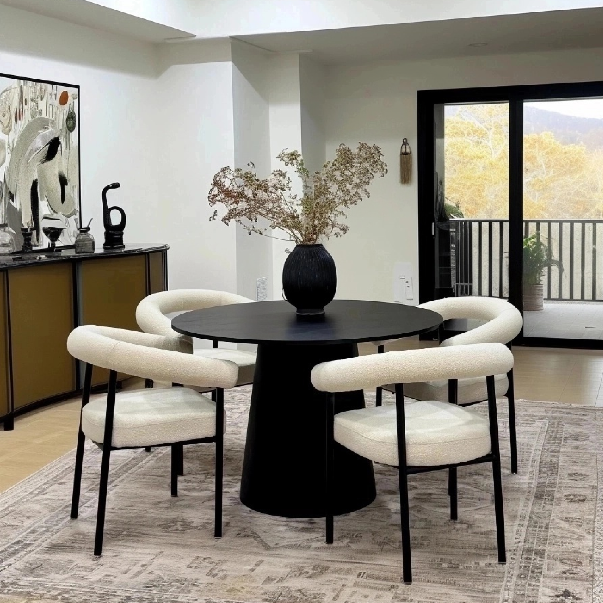Dwen & New York 46" Round & Boucle Dining Table Set for 4 (5-Piece)