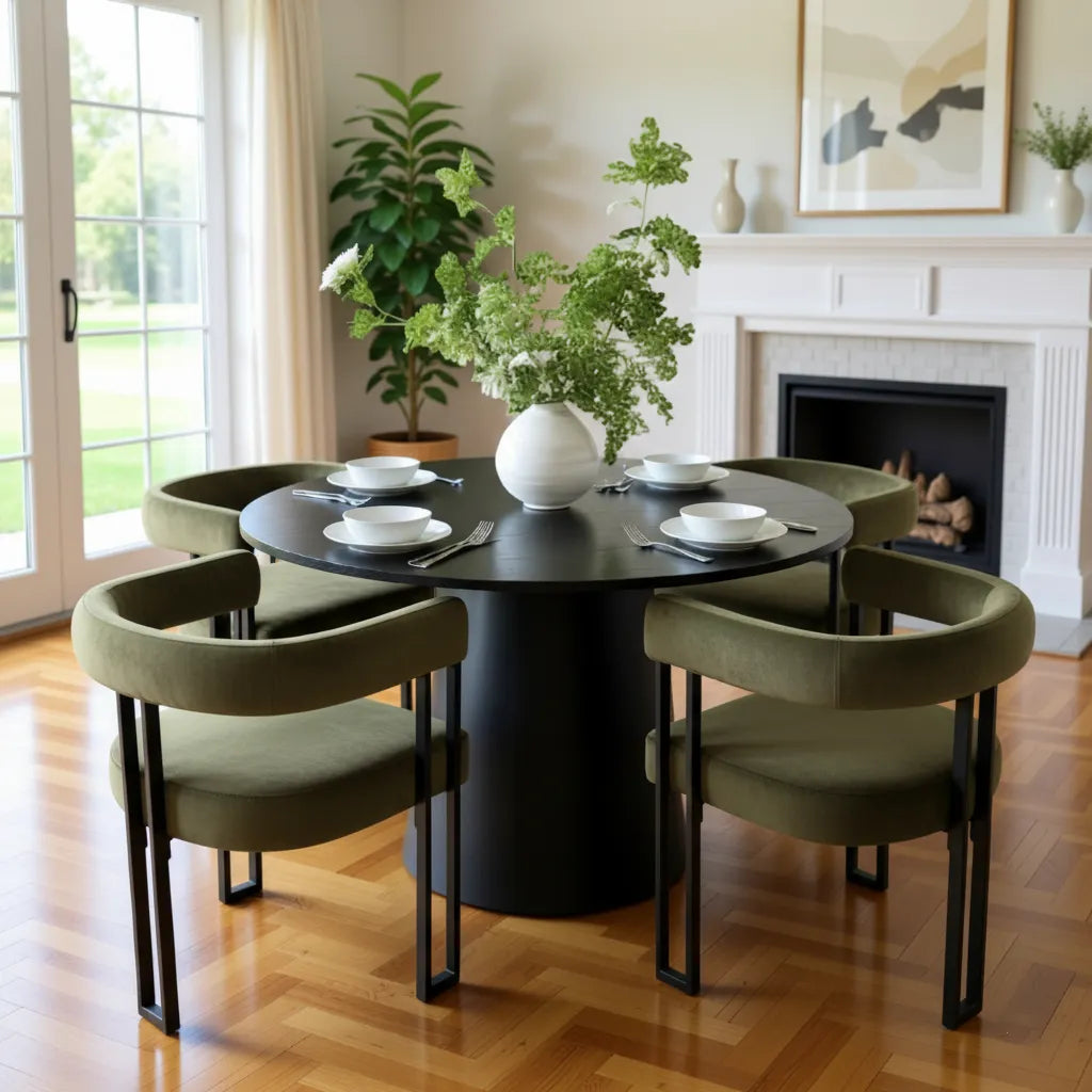 Dwen & Mia 46" Round Black & Velvet Dining Table Set for 4 (5-Piece)
