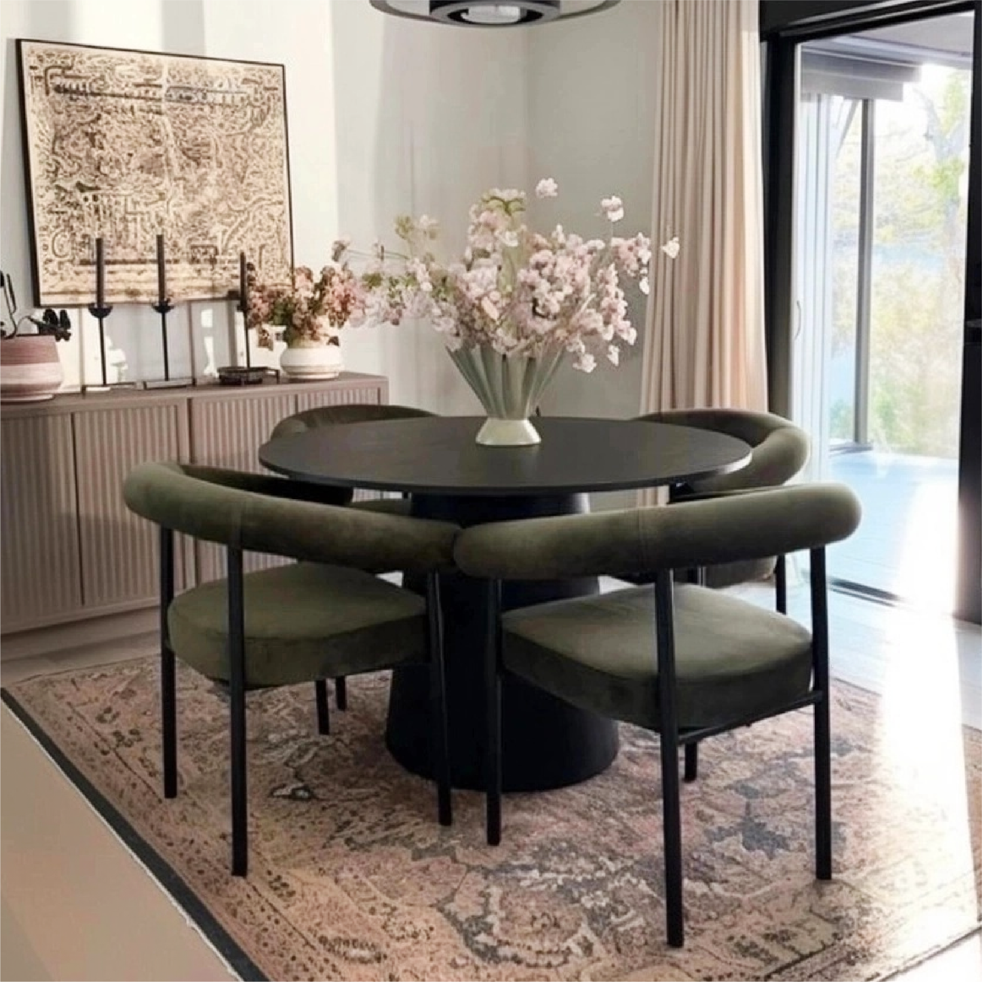 Dwen & New York 46" Round Black & Velvet Dining Table Set for 4 (5-Piece)