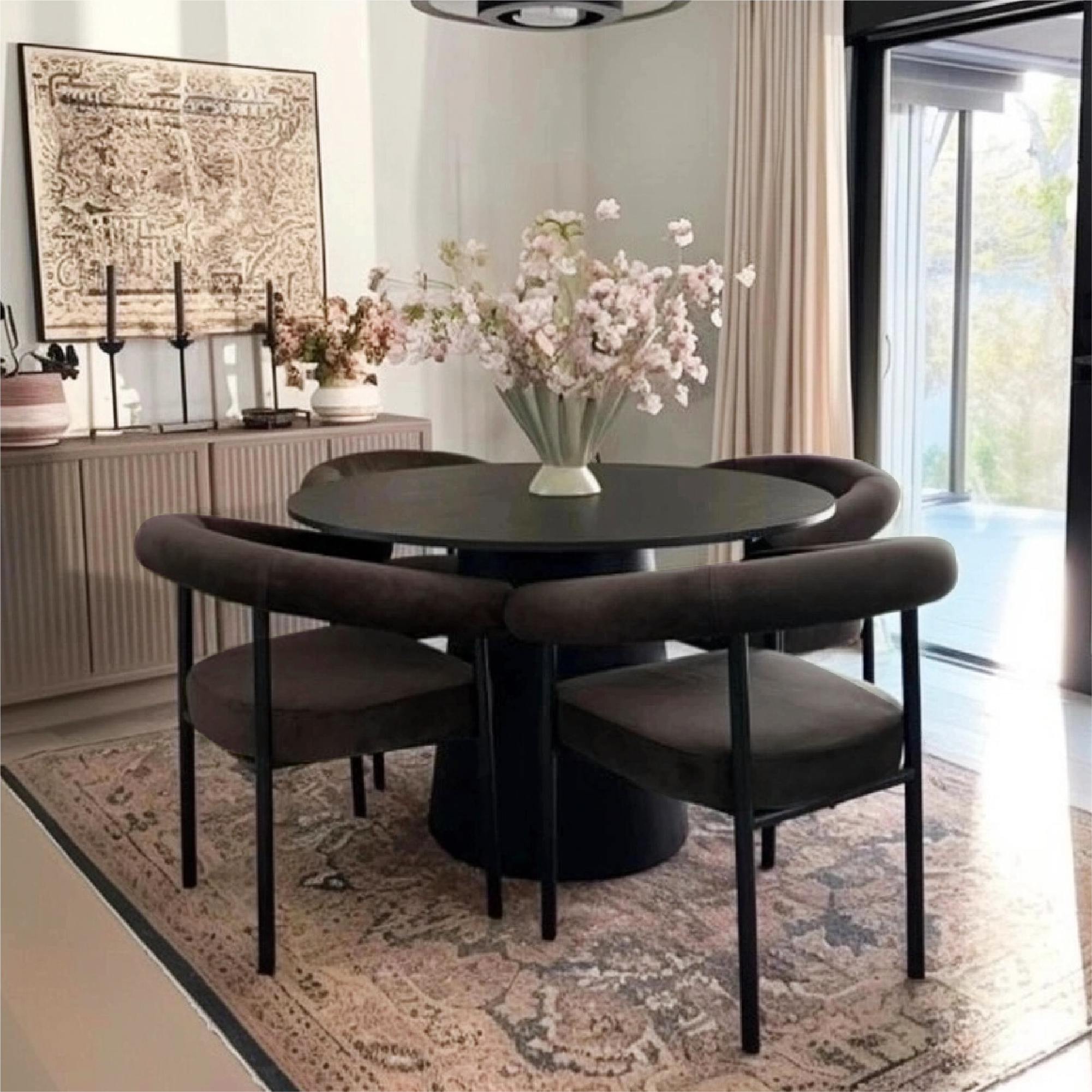 Dwen & New York 46" Round Black & Velvet Dining Table Set for 4 (5-Piece)