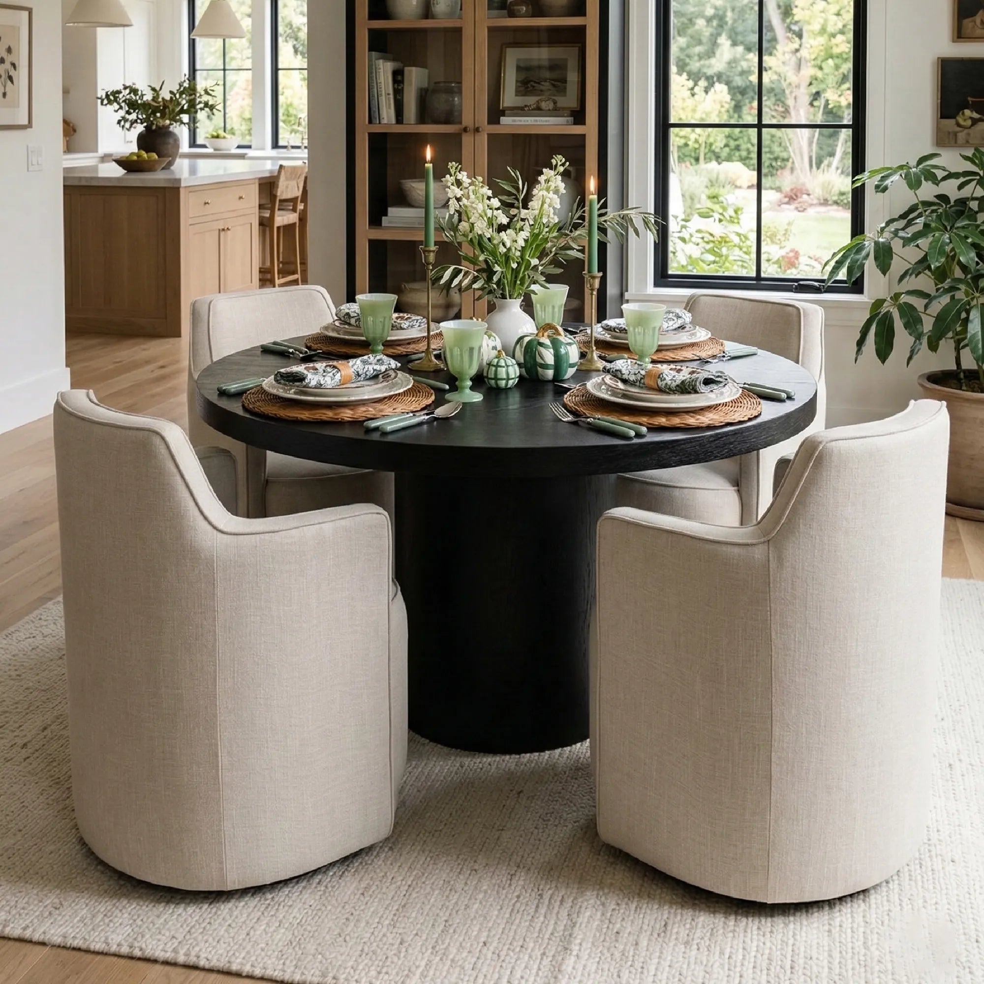 Elon & Yisa 47" Solid Oak Round Linen Pedestal Dining Table Set (5-Piece)