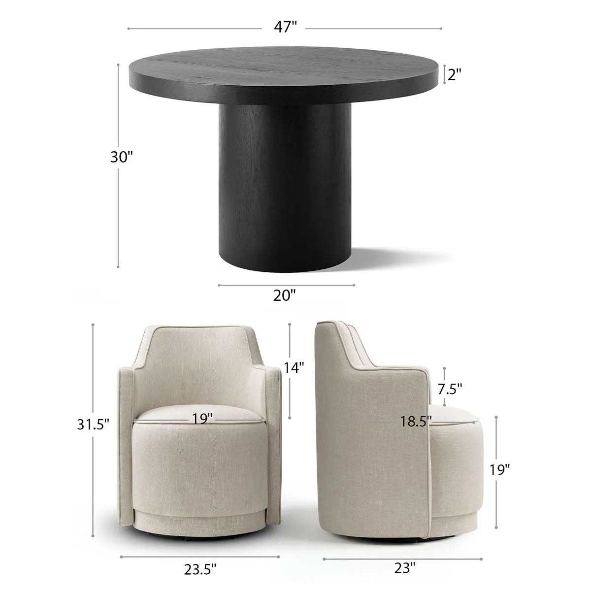 Elon & Yisa 47" Solid Oak Round Linen Pedestal Dining Table Set (5-Piece)