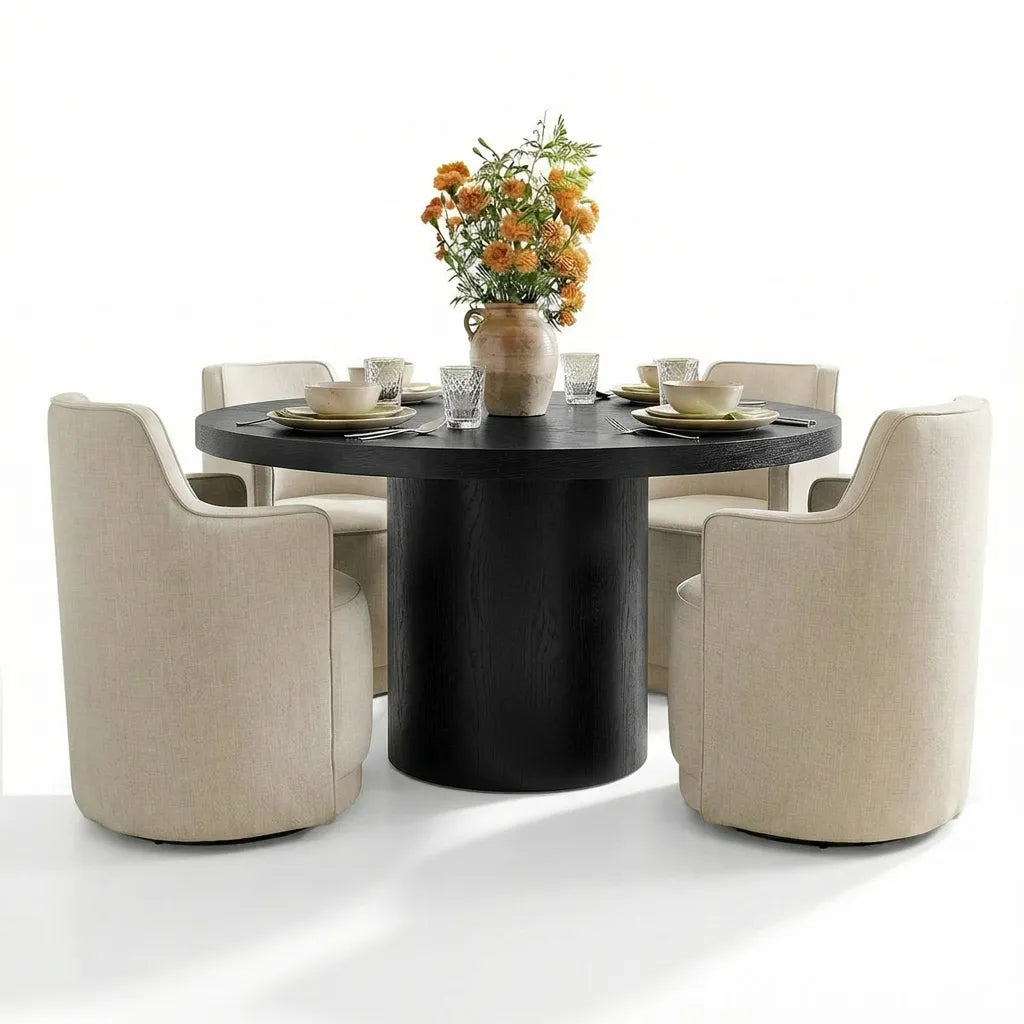 Elon & Yisa 47" Solid Oak Round Linen Pedestal Dining Table Set (5-Piece)