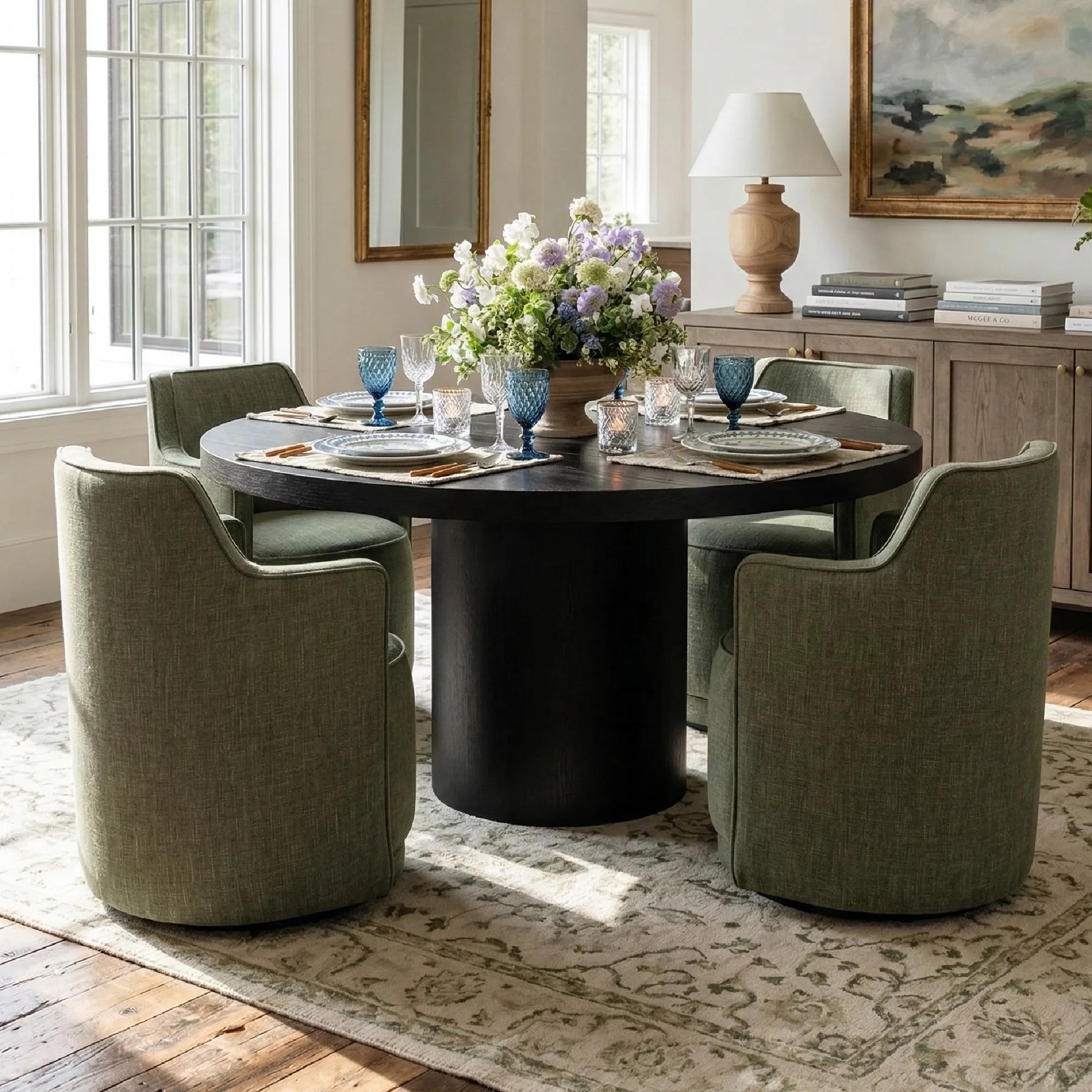 Elon & Yisa 47" Solid Oak Round Linen Pedestal Dining Table Set (5-Piece)