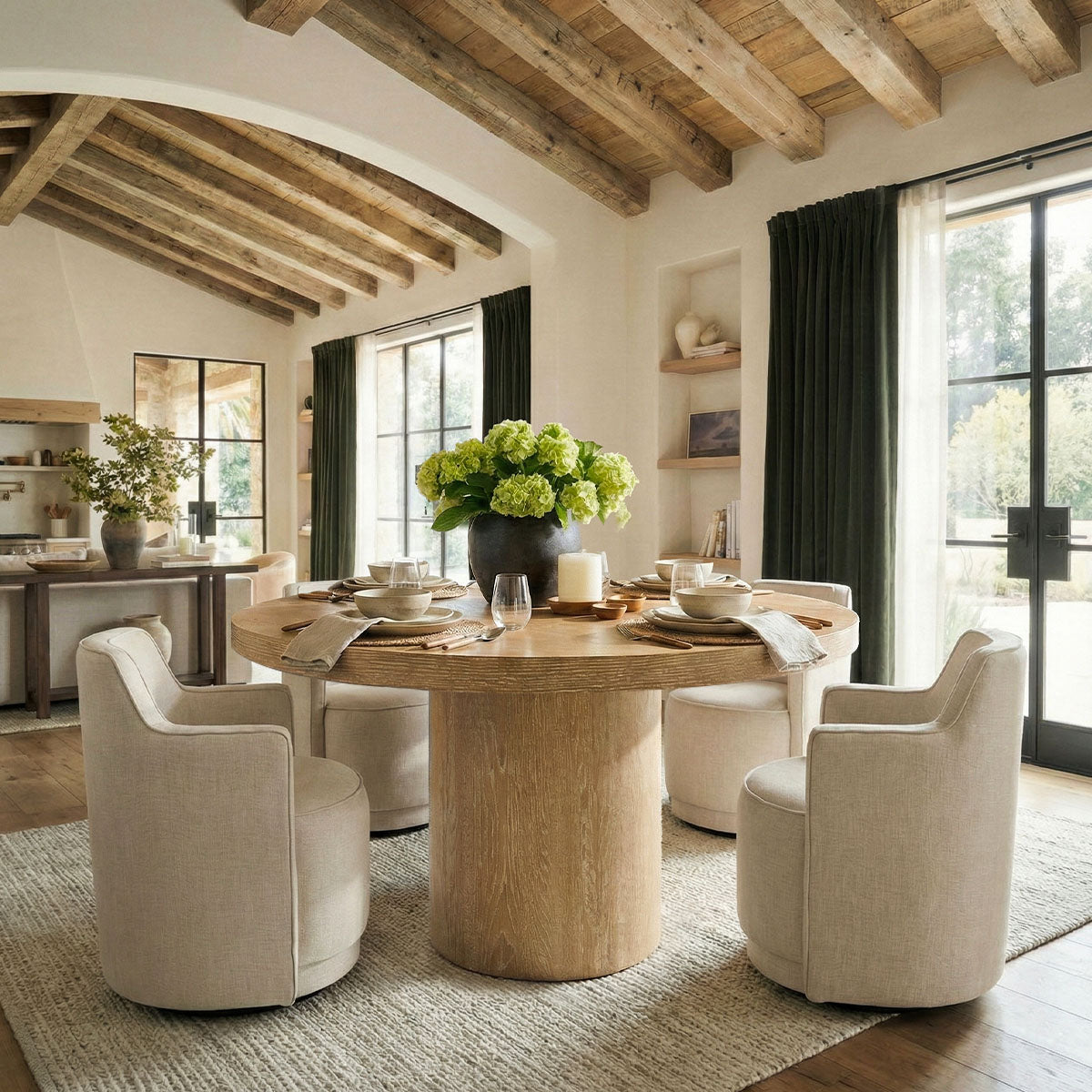 Elon & Yisa 47" Solid Oak Round Linen Pedestal Dining Table Set (5-Piece)