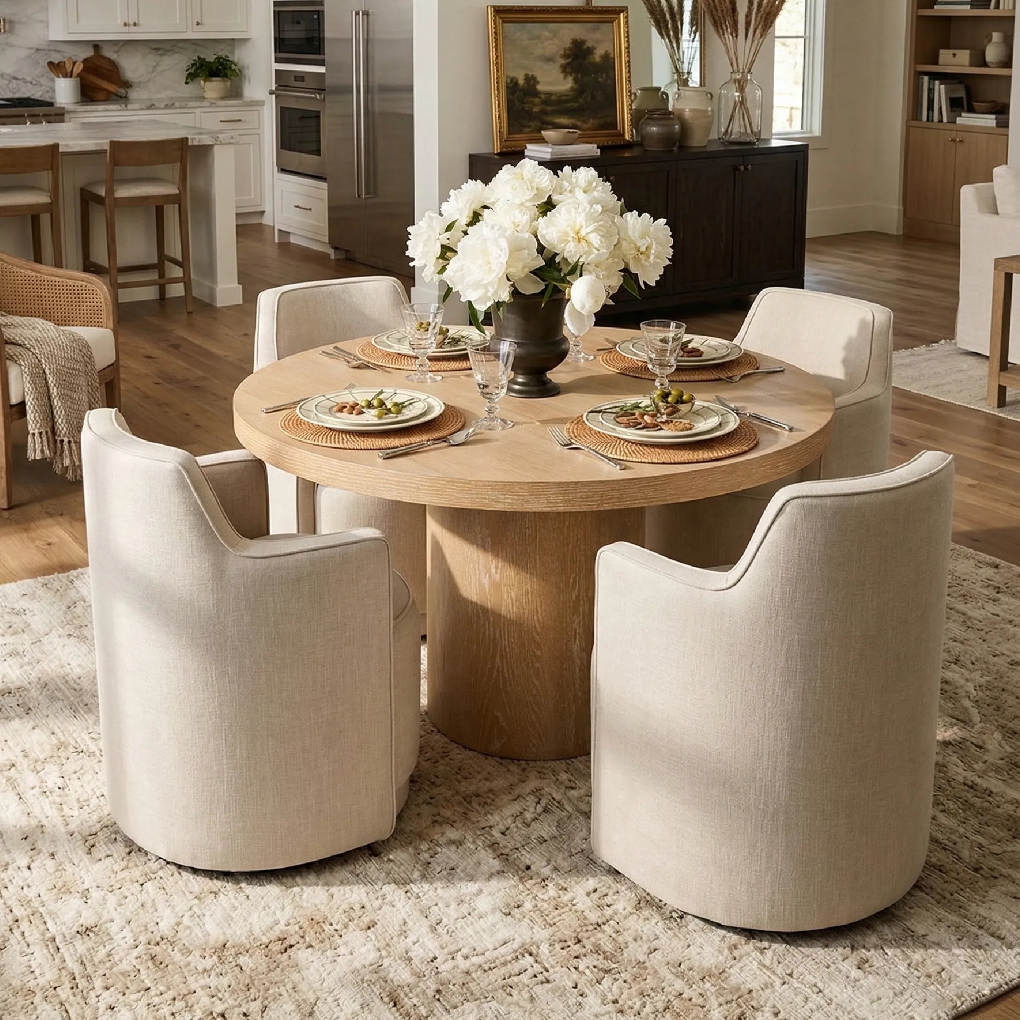 Elon & Yisa 47" Solid Oak Round Linen Pedestal Dining Table Set (5-Piece)